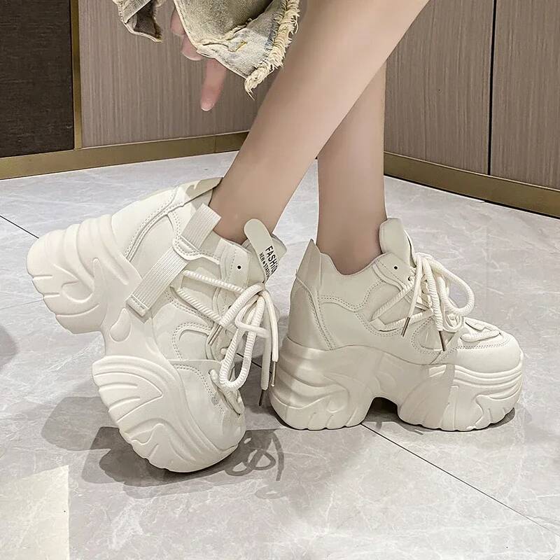 Women Walking Sneakers Autumn Lace-up High Platform Chunky Breathable Leather 10CM Winter Wedge Heels Casual Shoes ddmysaturn