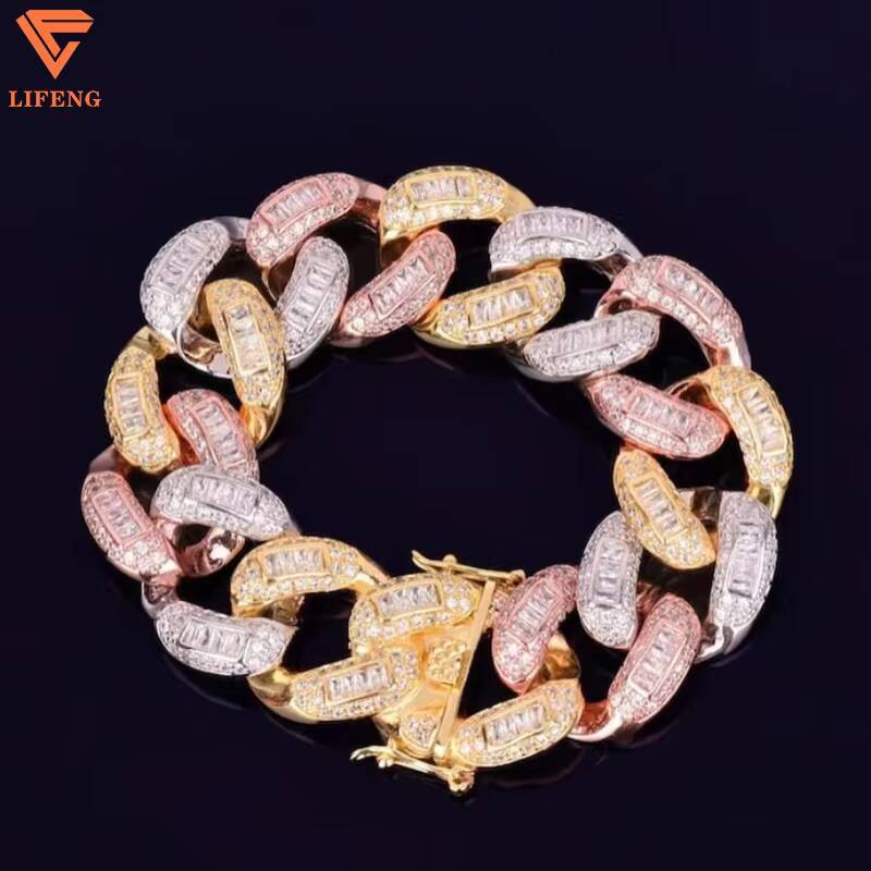New Design Fashion Jewelry Iced Out 20mm Three Tone Plated Cuban Link Chain Baguette VVS Moissanite Bracelets Hiphop for Women