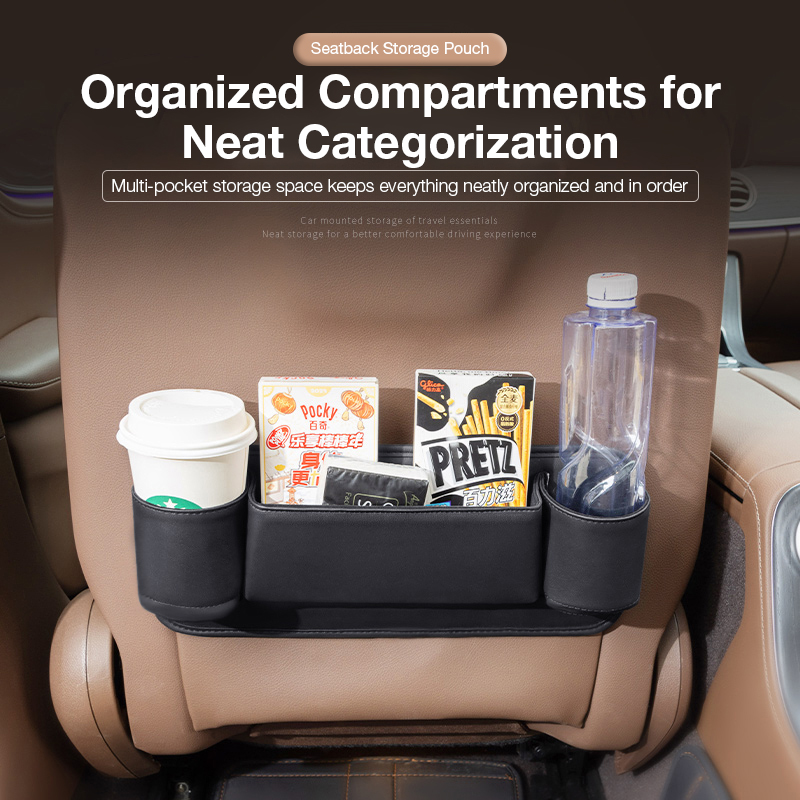 Car seat back pocket, multi-functional storage bag, rear seat back storage strap for vehicle use.