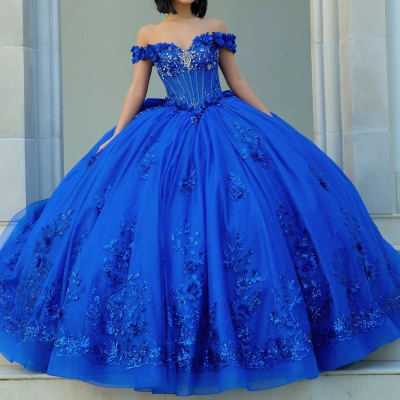 Royal Blue Shiny Quinceanera Dresses Ball Gown Off The Shoulder Applique Flower Beading Crystal Tull Sweet 16 Dress Vestidos 15 Anos