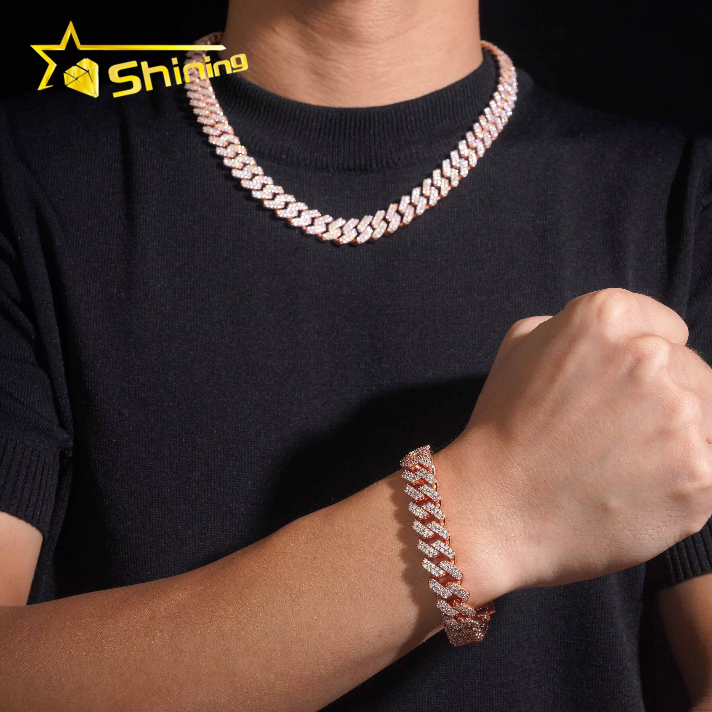 Hip Hop Jewelry Iced Out 925 Silver Rose Gold 125mm Two Rows Rounded Link VVS Moissanite Cuban Link Chain