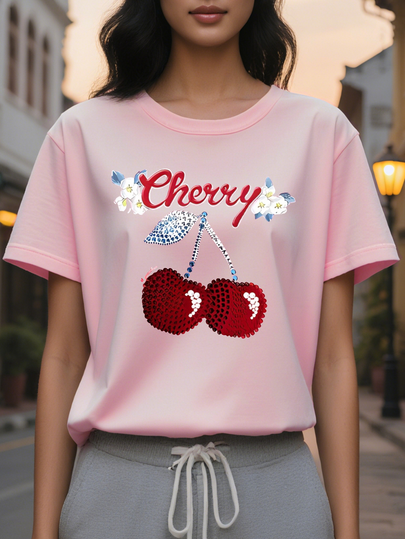 Cherry Personality Fashion Printed Round Neck Short Sleeve T-shirt Spring and Summer High-end Sense Slimming Women's