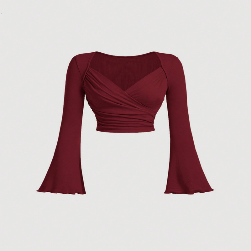 Womens casual slim solid color large Vneck short flared cuff long sleeve Tshirt 250903