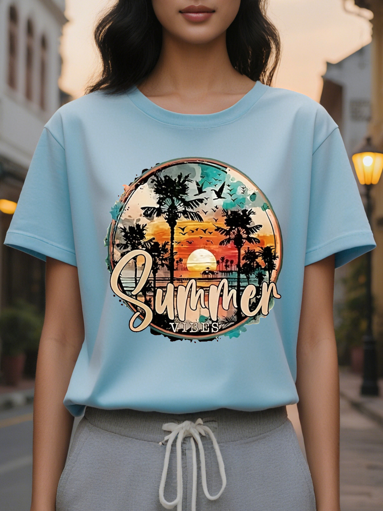 Women s Casual Sleeveless Round Neck Top with Tropical Summer Letter Print Peach Black Striped Design