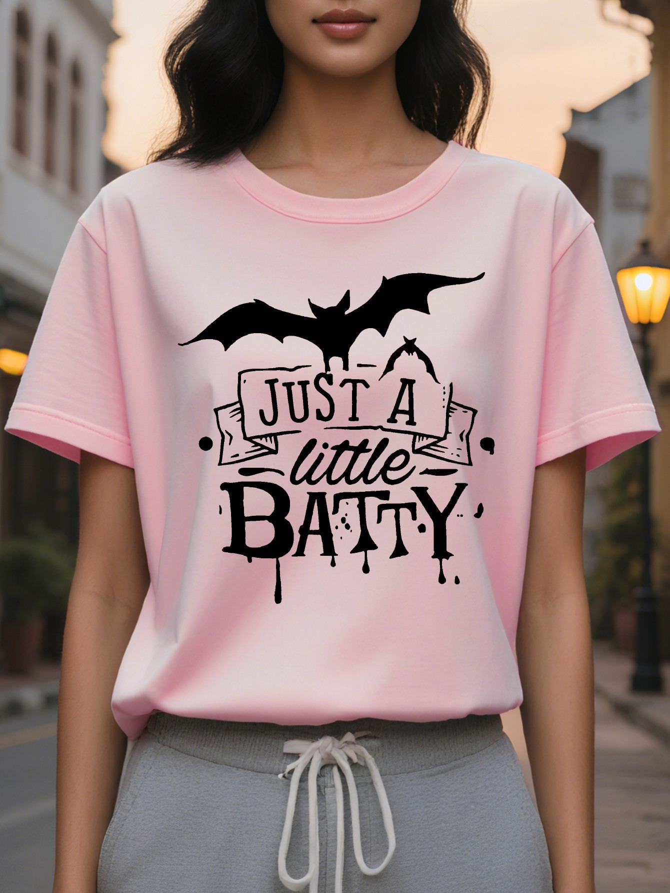 Women s Dark Gray Gothic Bat Graphic Tee JUST A LITTLE BATTY Vampire Saying Soft Everyday Halloween Party Shirt