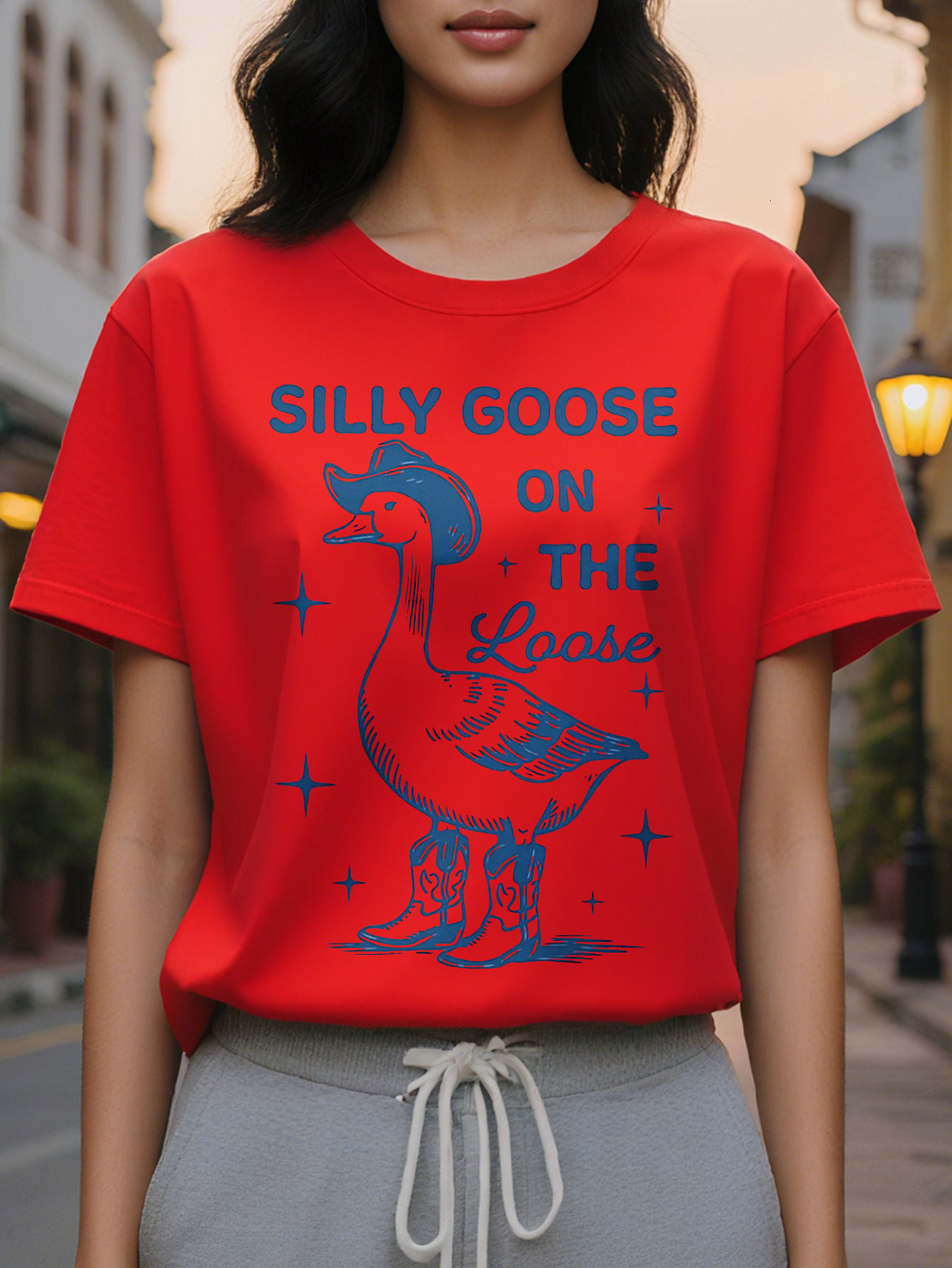 Goose Print Short Sleeve T-shirt Casual Crew Neck Top for Spring Summer Women's Clothing