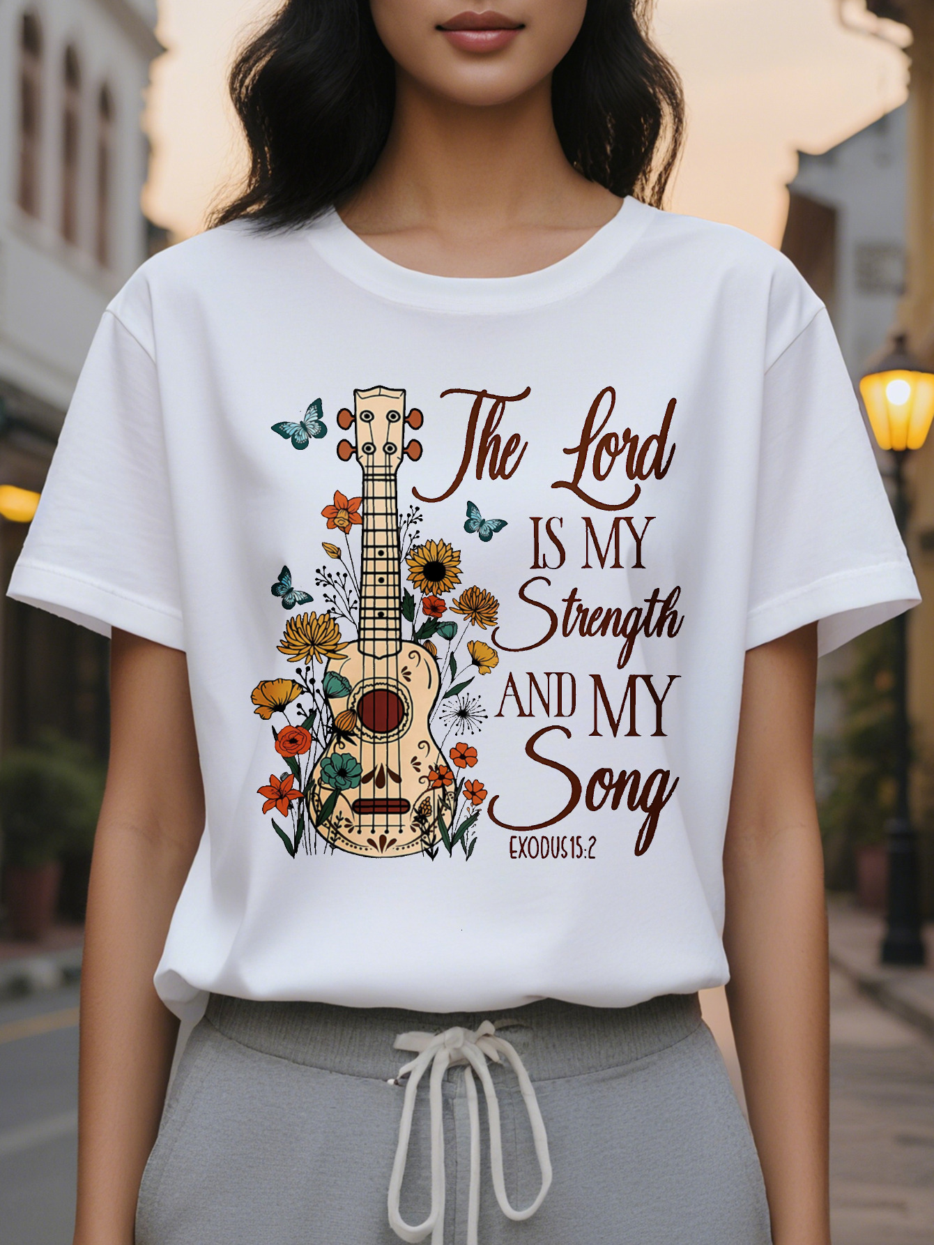 The Lord is Strength My Song Pattern T-Shirt White Short Sleeve Round Neck Top with Spring and Summer Design