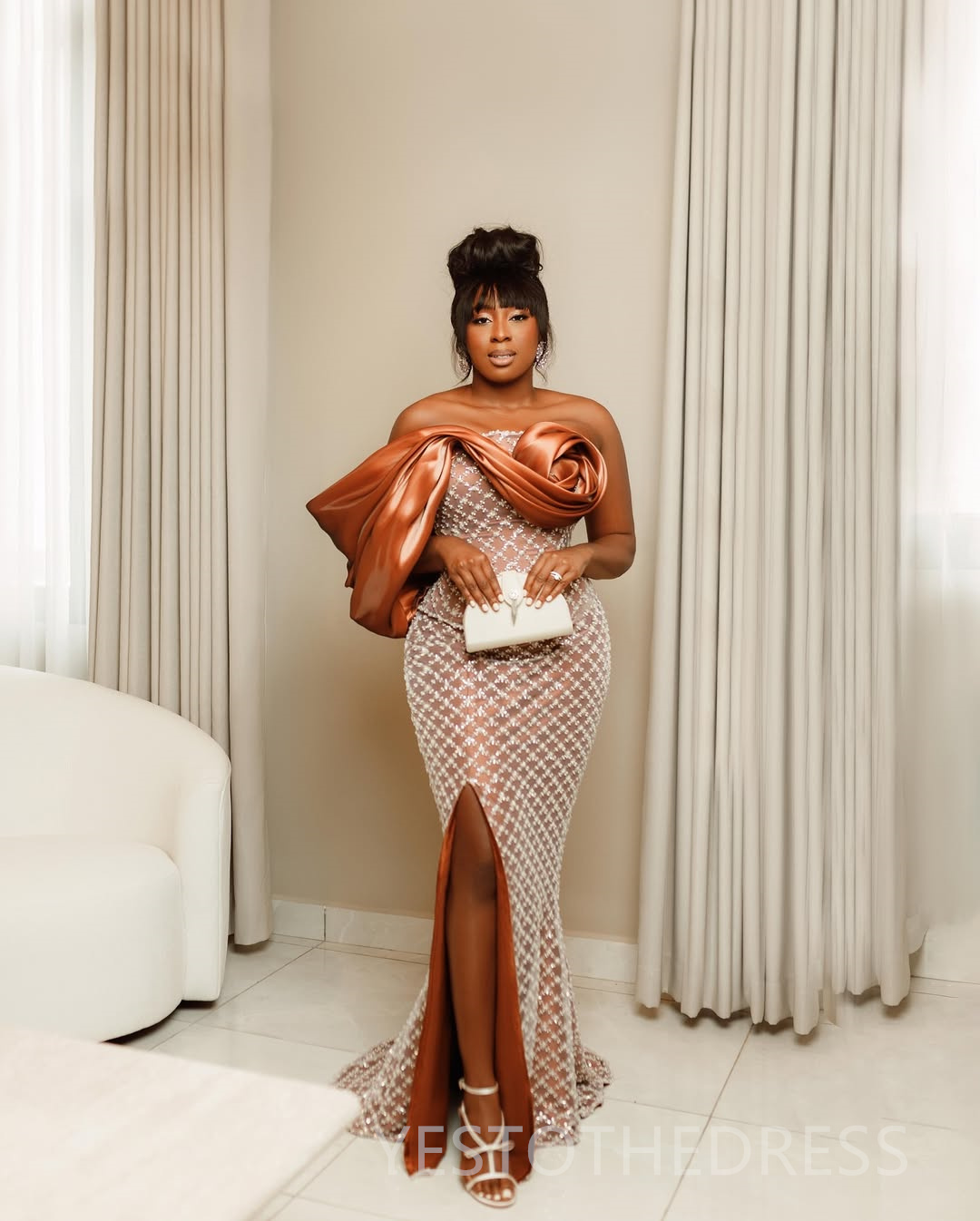 2025 Brown Cocktail Dresses For Women Homecoming Dress Sheath Illusion Strapless Beaded Lace Side Split Sexy Pleated Prom Dresses For Black Girls C428