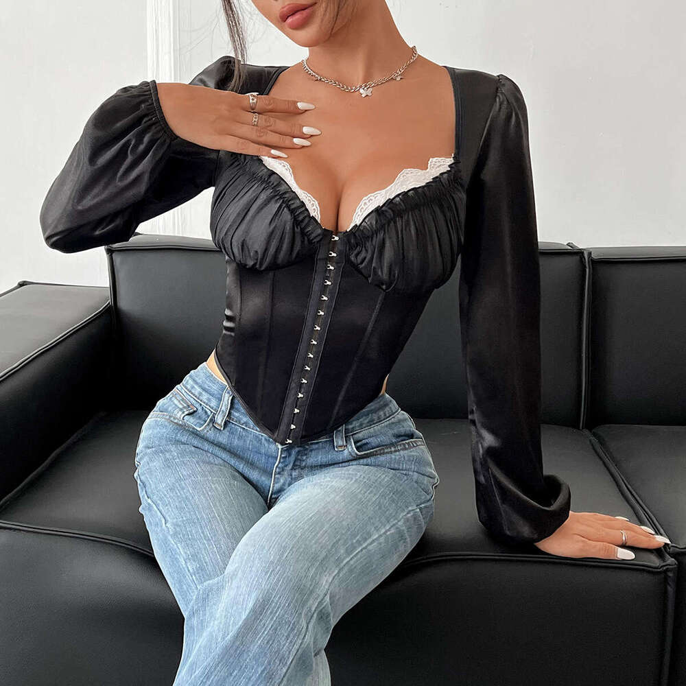 Women's Sheer Mesh Lace Patchwork Cotton Sexy Fishbone High-End Long Sleeve Top