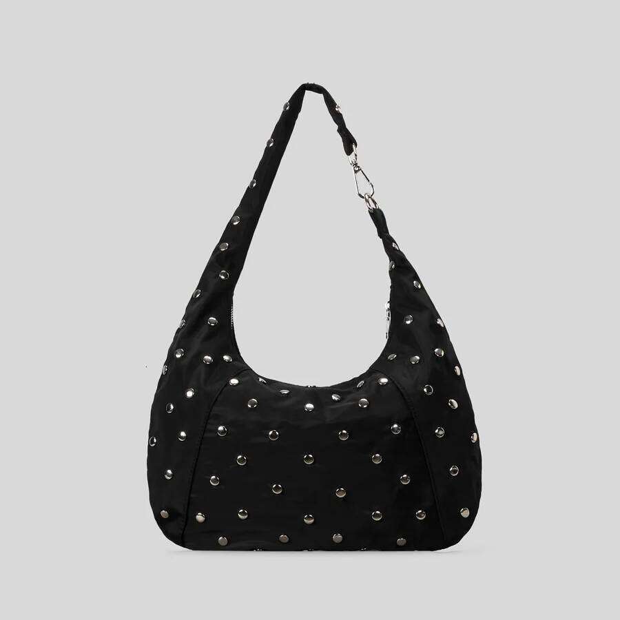 Punk Rivet Tote Bags For Women Half Moon Black Shoulder Soft Nylon Handbags And Purses High Quality Cloud Bag Shopper