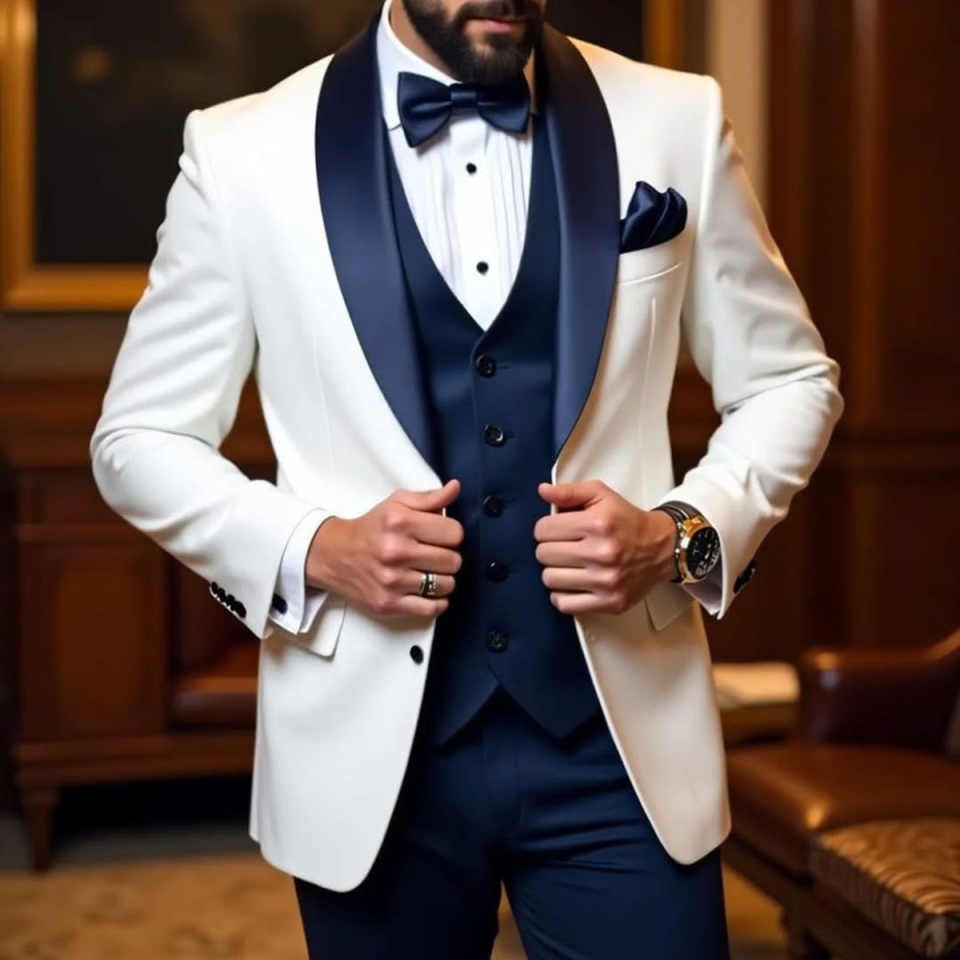 Formal Wedding Tuxedos 3 Piece Set Shawl Lapel Men Suit Handsome Single Breasted Evening Prom Grooms Blazers Customized