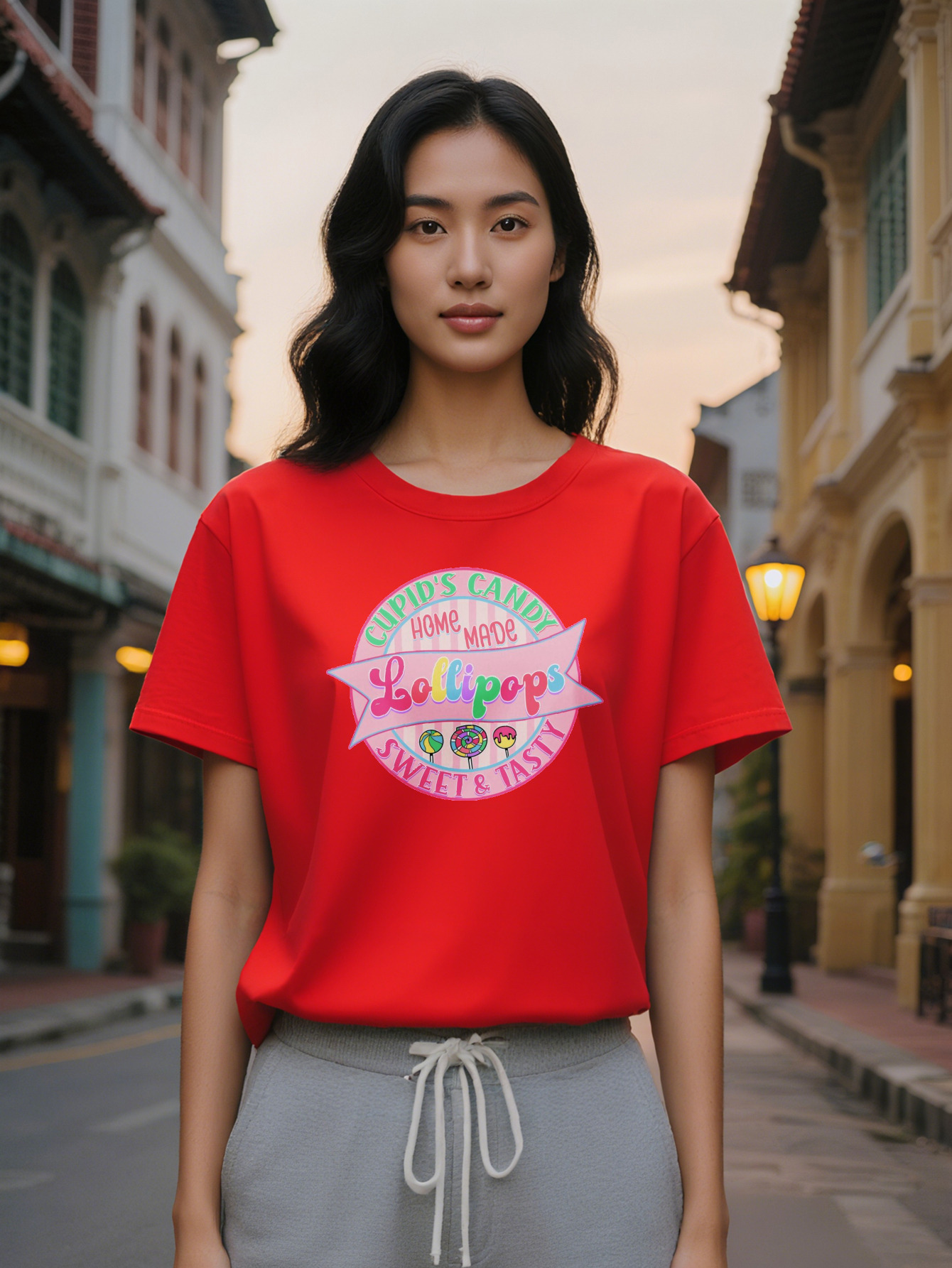 Large XL Women's Crew Neck T-Shirt with Colorful Lollipop Sweet Tasty Design Soft Fabric Perfect for Summer Casual Plus Size