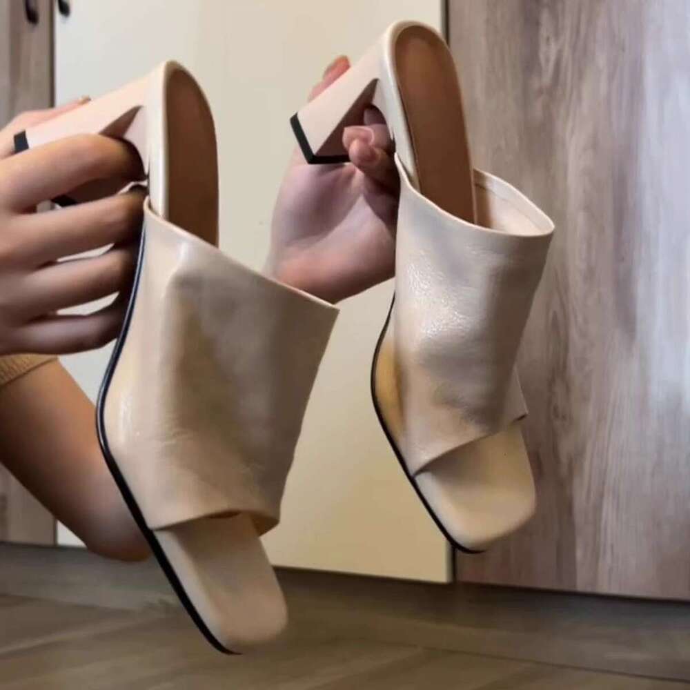 Sheepskin Version ~ French Style Elegant for Women Squ Minimalist High Heels Open Toe Chunky Heel One Designer Shoe Strap Sandals