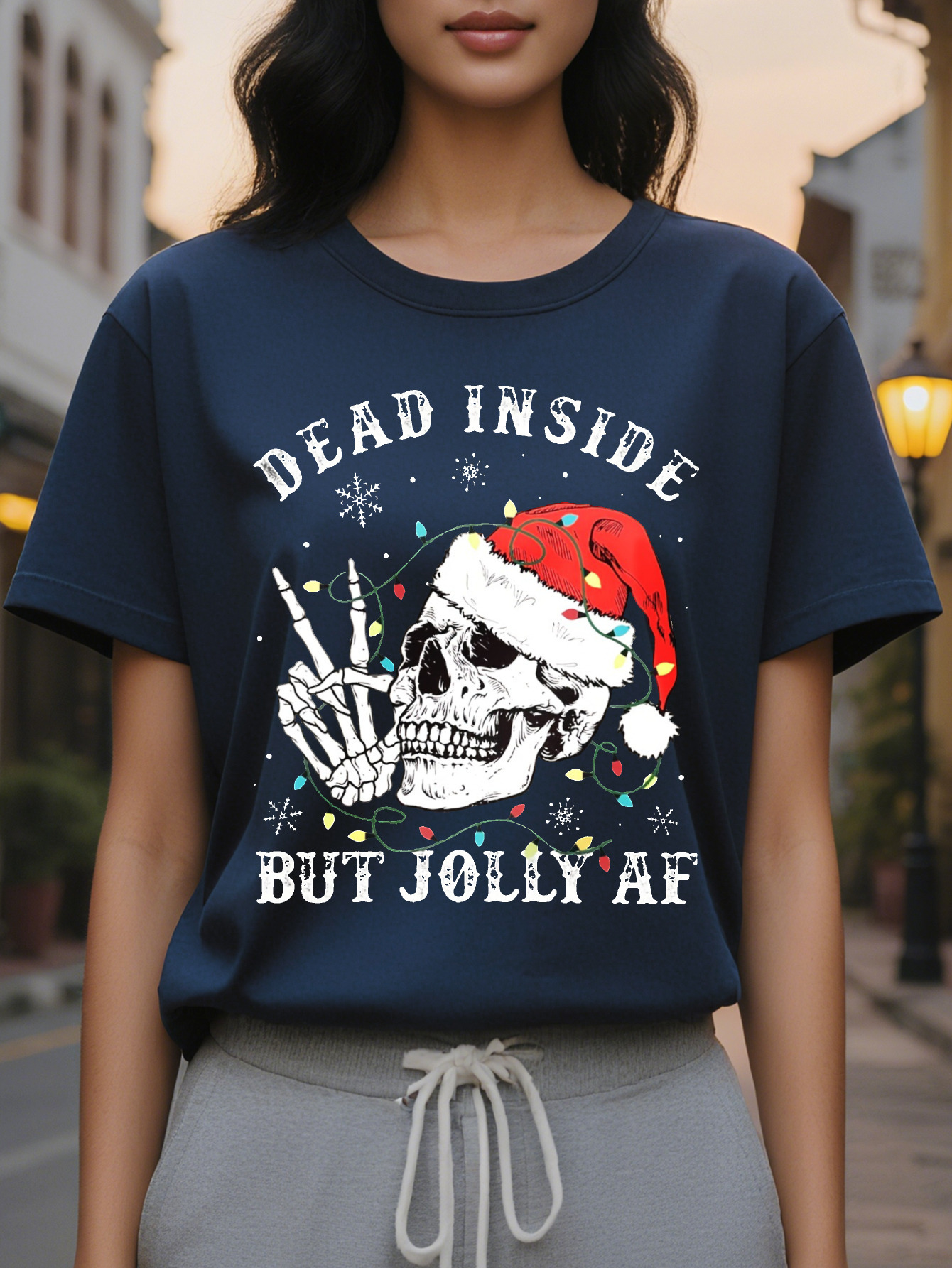 Large XL Women's Christmas Skull Print Crew Neck T-Shirt Soft Micro Elasticity Cotton Fabric Regular Length Hand Washable Plus Size