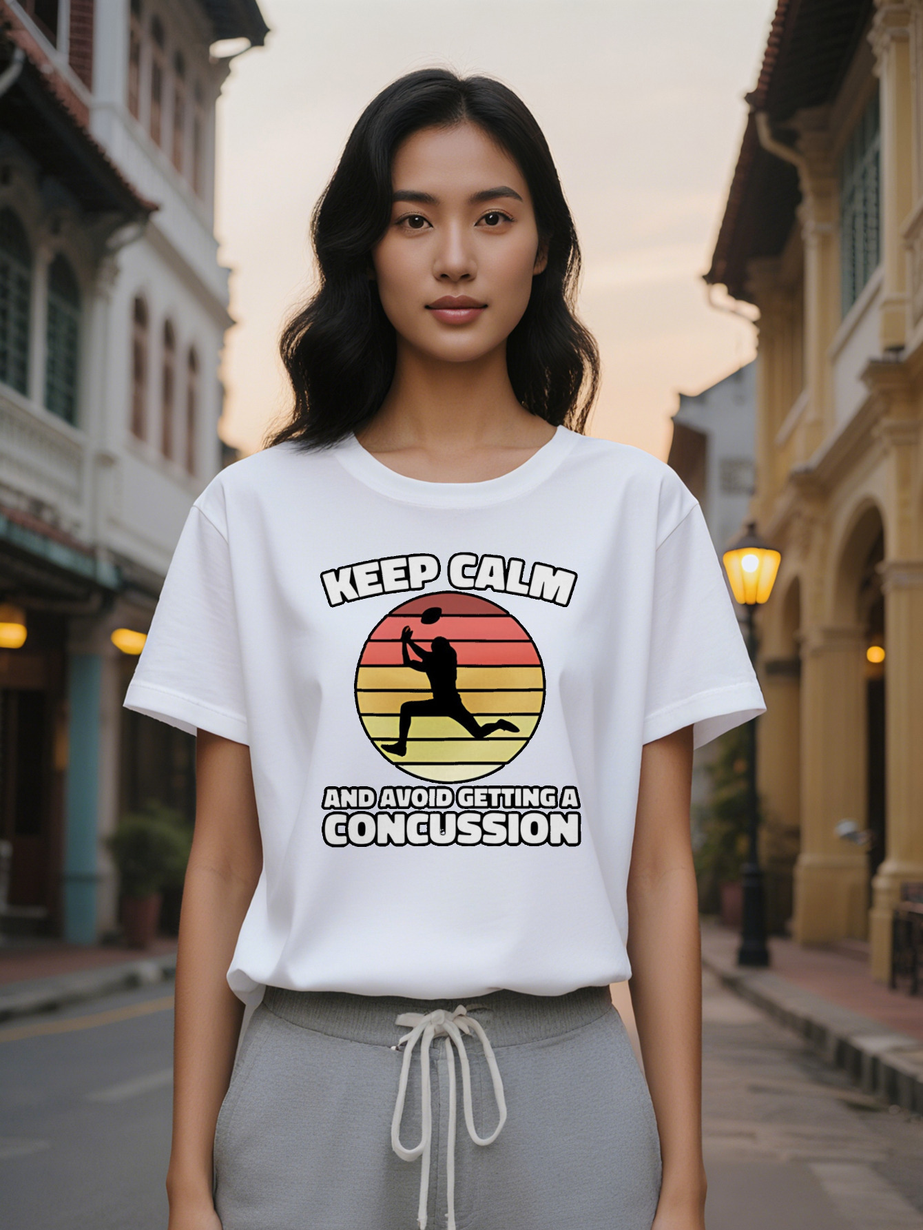 Large XL Lady Casual Crew Neck T-Shirt Keep Calm Avoid Concussion Graphic Print Black with Vibrant Color Block Breathable Plus Size