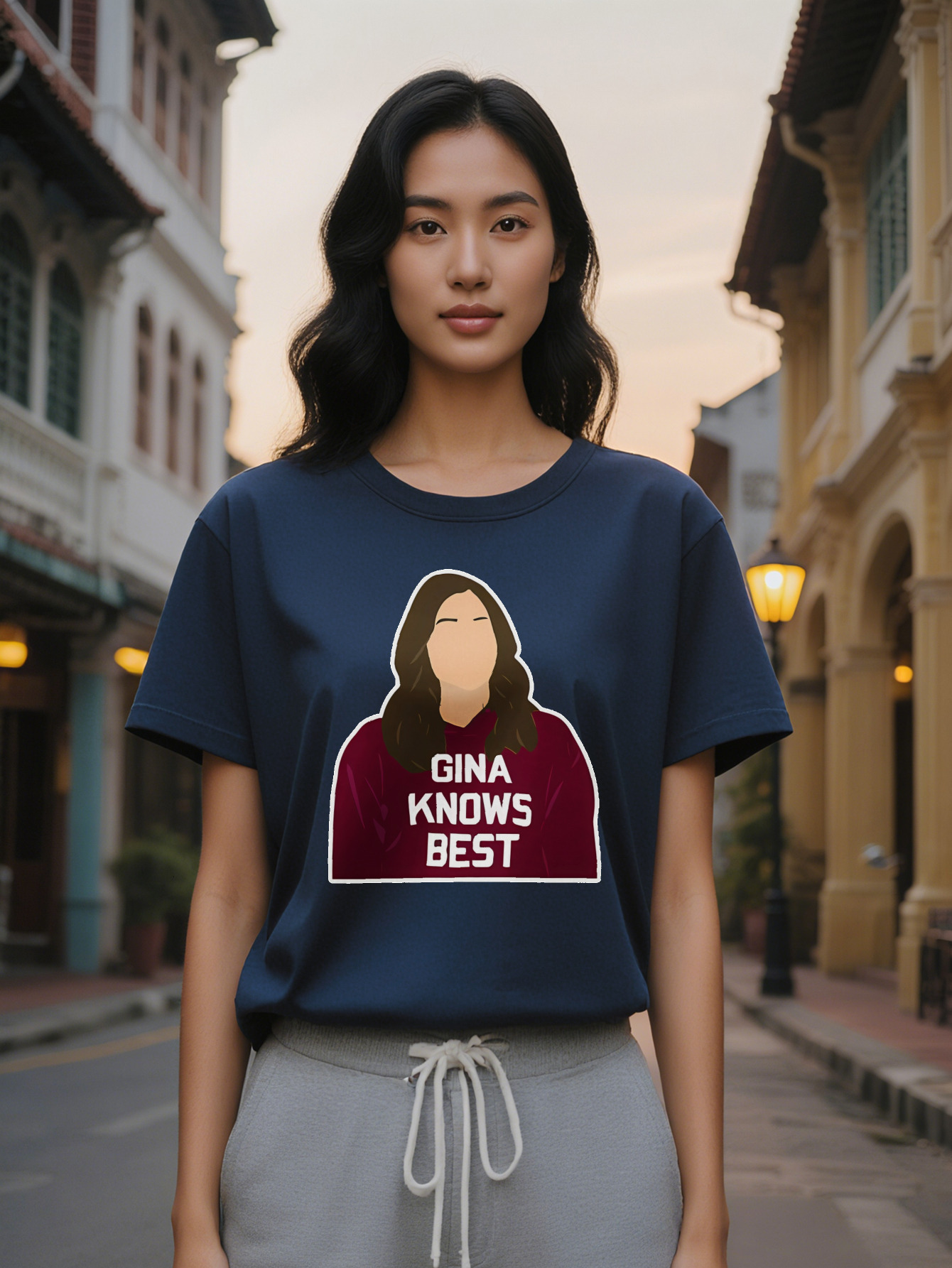 Large XL Gina Knows Best Brown Long Hair Cartoon T-Shirt Crew Neck for Women Summer Knit Fabric Tops Women's Gift Tee Casual Plus Size