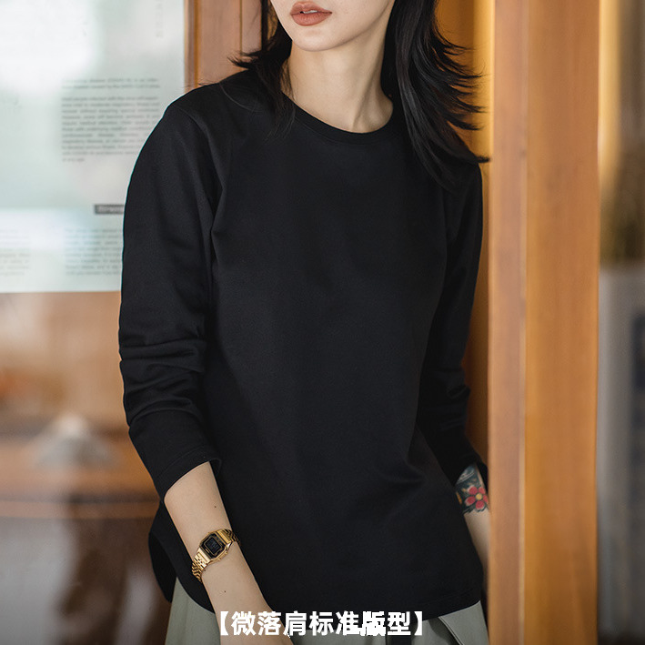 Maden Long Sleeve Basic T-Shirt for Women Round Collar Cotton Tops Loose Fit Solid Color Tees Oversized T-shirts