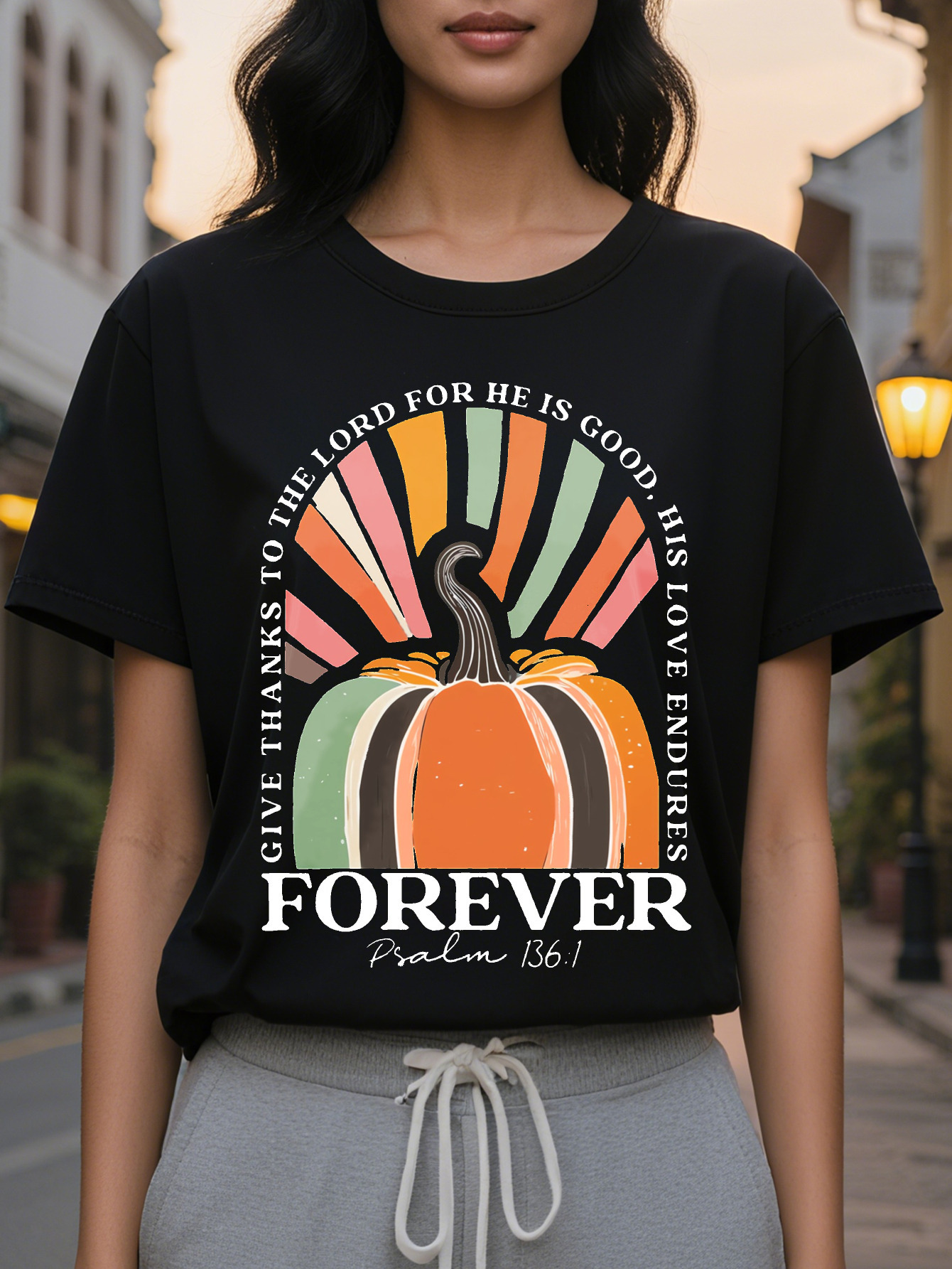 Large XL Women's Halloween Pumpkin Bible Verse to Back Print T-Shirt Inspirational Forever Lettering Soft Round Neck Plus Size