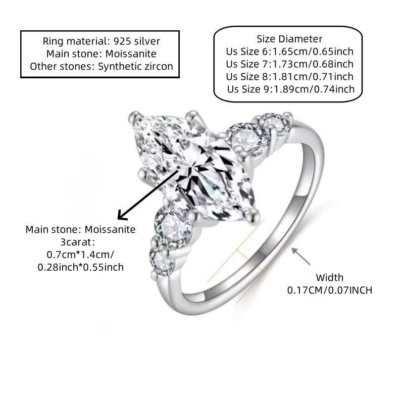 Luxury Womens S925 Silver Engagement 3Carat Marquise Cut Moissanite Wedding Rings for New Fancy Cut Design