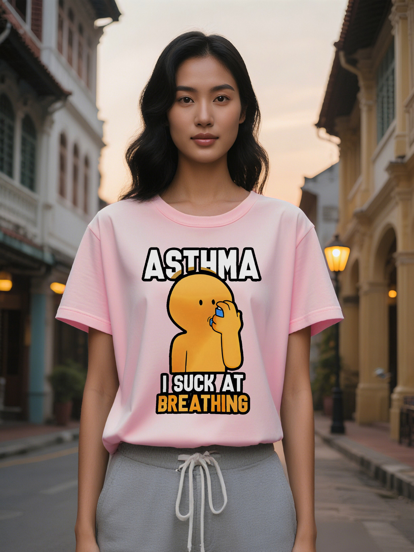 Large XL Lady Humorous Asthma Graphic T Shirt Black Casual Round Neck Tee with Cartoon Character I SUCK AT BREATHING Print Plus Size