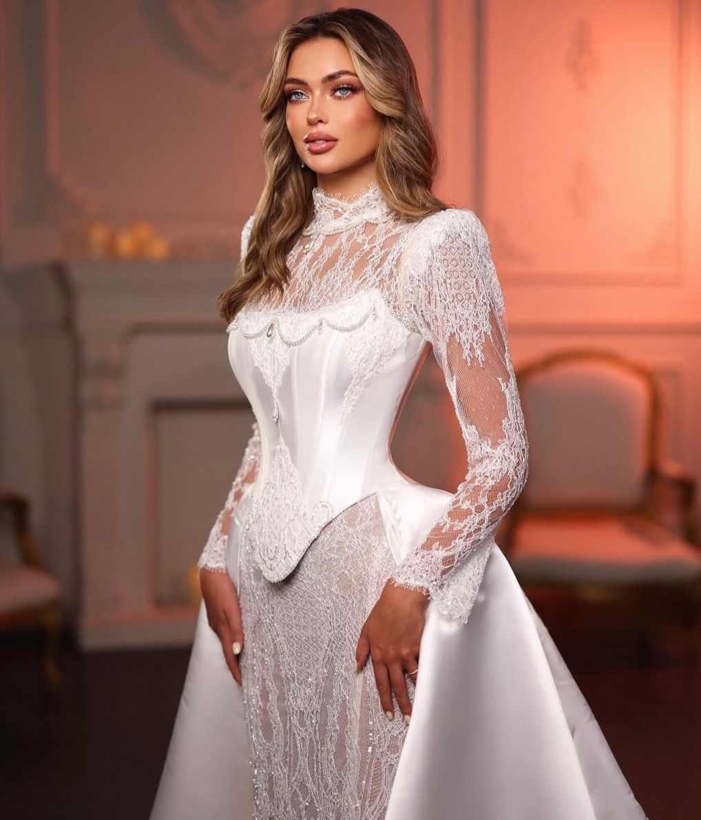Gorgeous Lace Mermaid Wedding Dresses Detachable Train Dubai Woman Long Sleeve Bridal Dress Customized Robe De Mariee