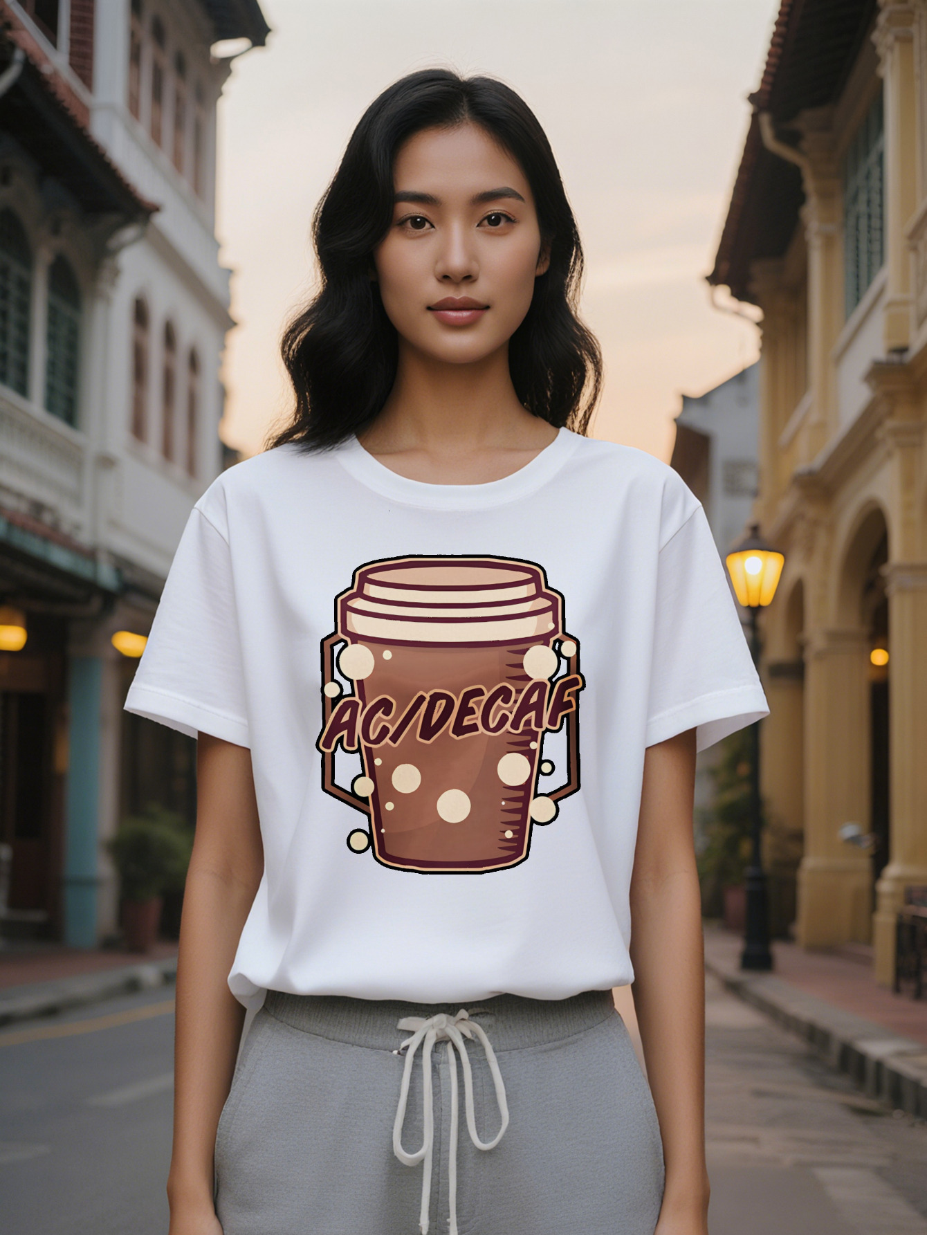 Large XL Women's Casual Crew Neck T-Shirt with Coffee Cup Print White Lid Design ACIDCAF Text Lightweight Fabric Summer Fashion Plus Size