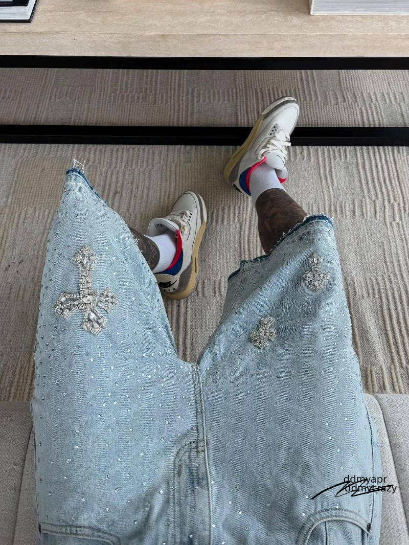 Men's Shorts Gothic Rhinestone Cross Ddmycrazy Embroidery Viral Denim Jorts Vintage American Trend Gym Men Women Street Hip Hop Jean Short Ddmycr