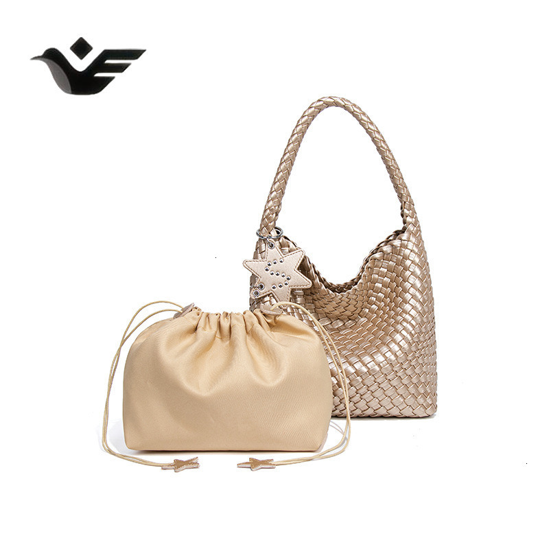 Feiyan Free Shipping New Designer Bag Luxury Shopping Bag Champagne Gold Woven Bag Tote Bag Star Pendant Large Capacity High-end Fashion Shoulder Bag