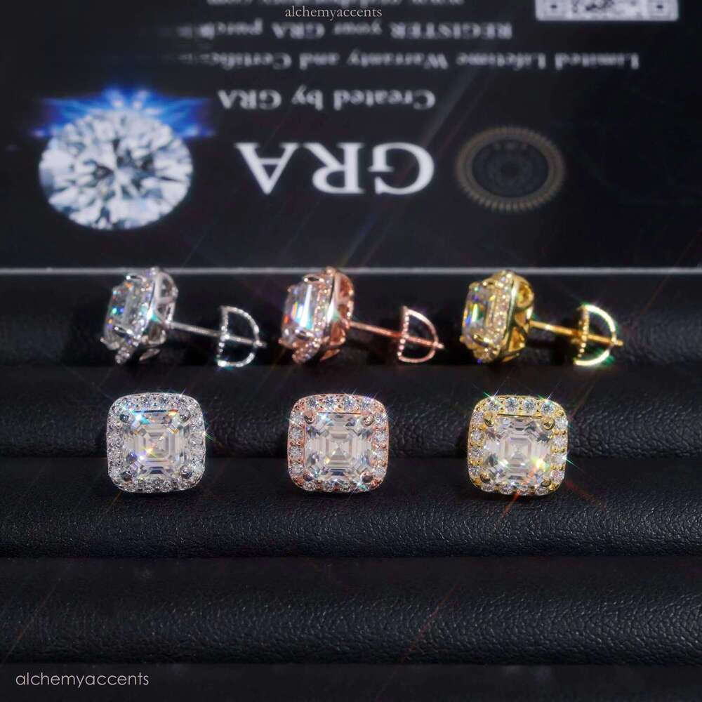 RTS Tester Certified Hip Hop Jewelry Sier Asscher Cut VVS Dia Moissanite Stud Fashion Earrings