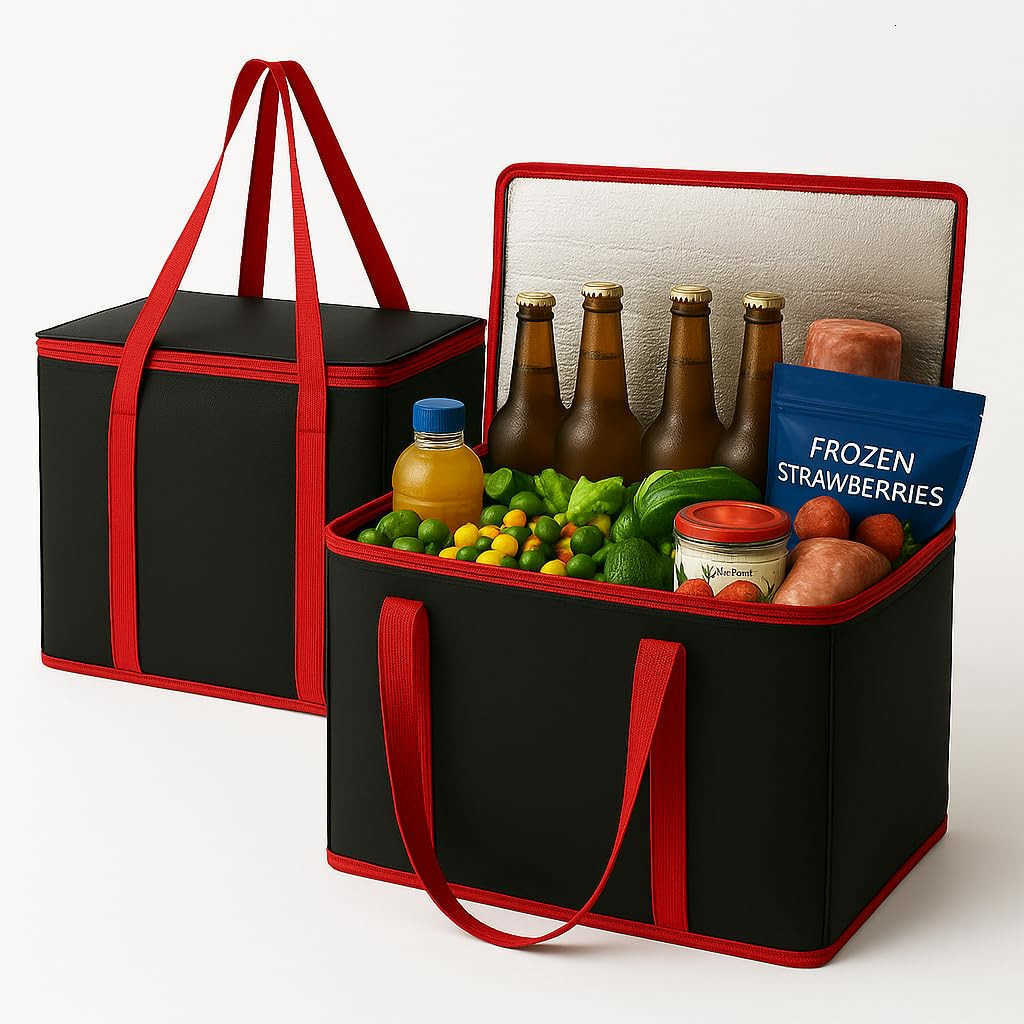 2Pack XLLarge Insulated Grocery Shopping Bags Black Reusable BagThermal ZipperCollapsibleToteCoolerFood Transport hot and ColdCamping delivery GrocW25