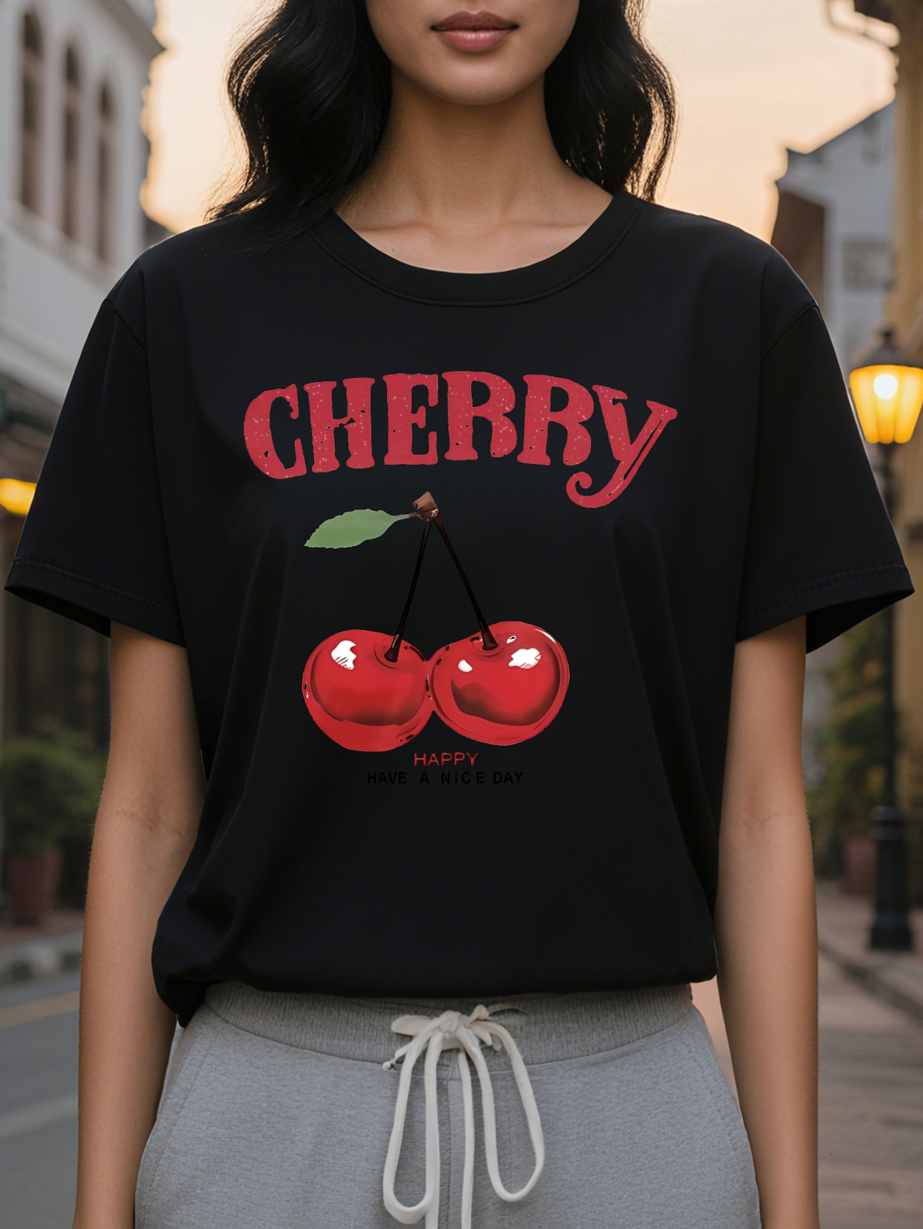 Large XL Women's Slim Fit Short Sleeve T-Shirt Cherry Print with Bold Red Lettering Have a Nice Day Slogan Light Yellow Plus Size