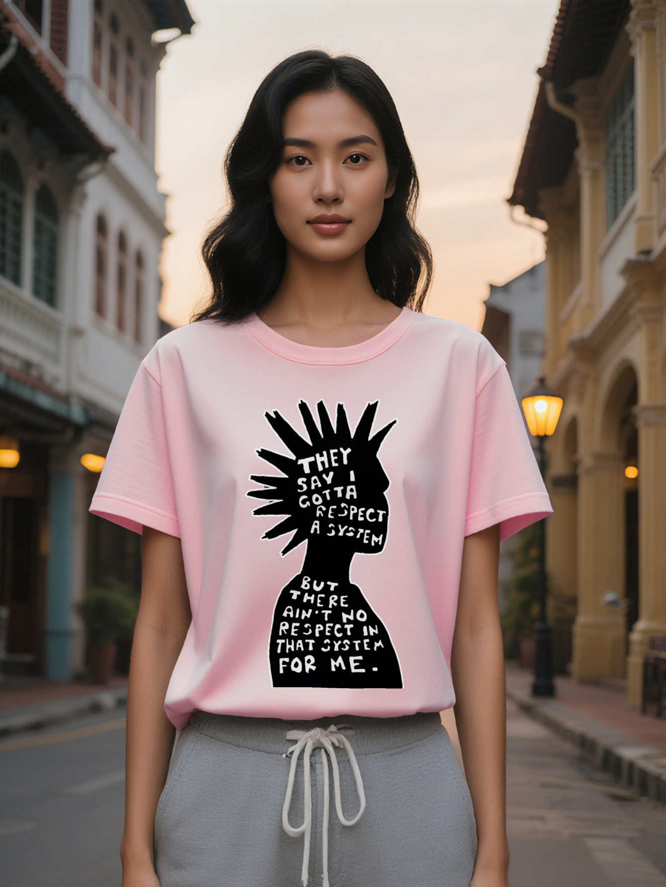 Large XL women's crew neck T-shirt with Silhouette Print They Say I Gotta a But There's No Respect in That System Me Plus size