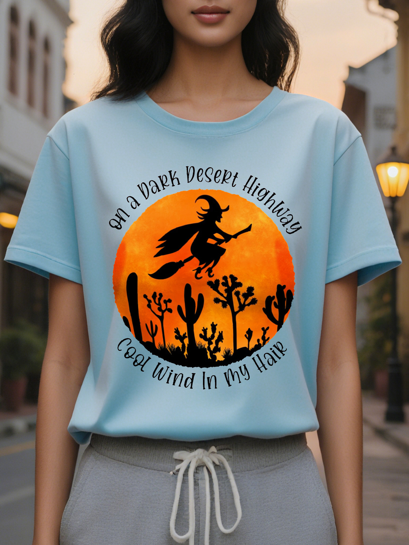 Women's Halloween T-Shirt Olive Green with Flying Witch Cactus Moon Design Lightweight Stretchy Costume Party