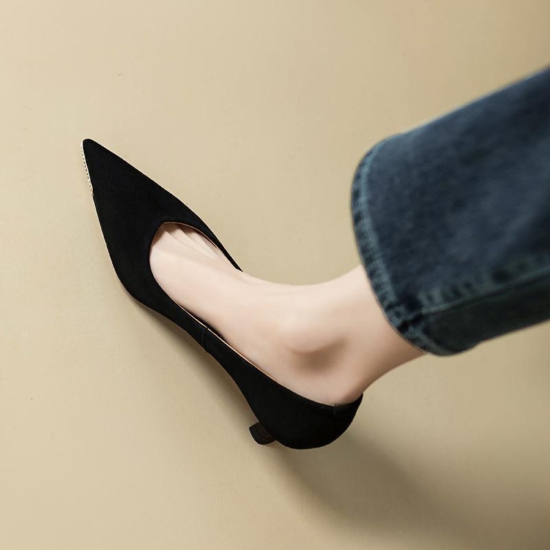 Women's black versatile low-heeled shallow-mouth pumps spring and autumn styles pointed-toe mid-heeled fashionable high heels