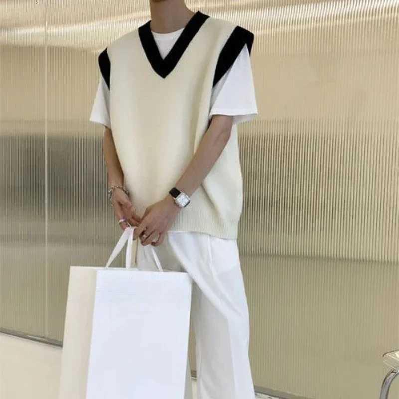 Man Clothes Beige Vest Waistcoat Knitted Sweaters for Men V Neck Sleeveless Order Korean Fashion Over Fit Knit Large Big Size XXJ250904