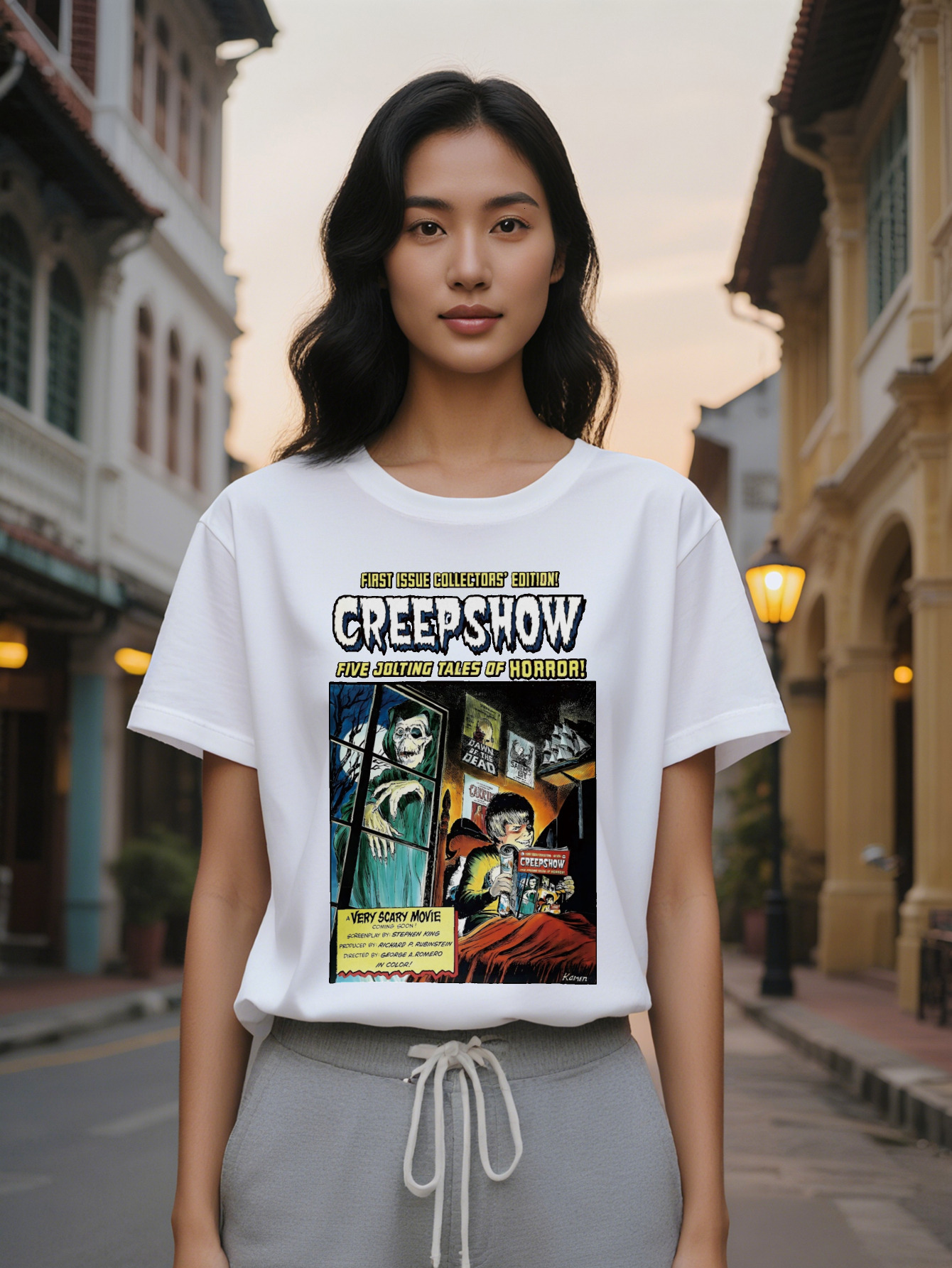 Large XL Lady Graphic T-Shirt Creepshow Five Jolting Tales Collection Casual Crew Neck Tee with Spooky Poster Design Perfect Plus Size