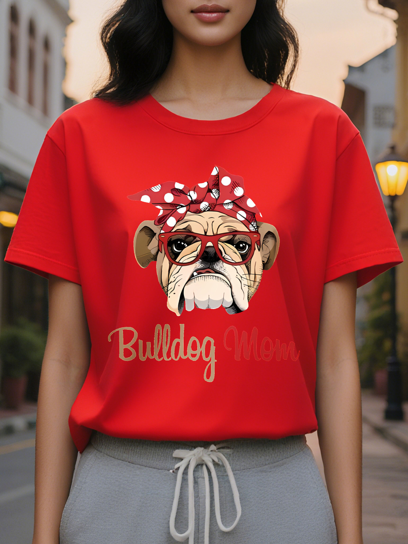 Women S Casual Cotton T-Shirt Pug Bulldog Mom Graphic Crew Neck Short Sleeve Regular Fit SpringSummer Knit Fabric