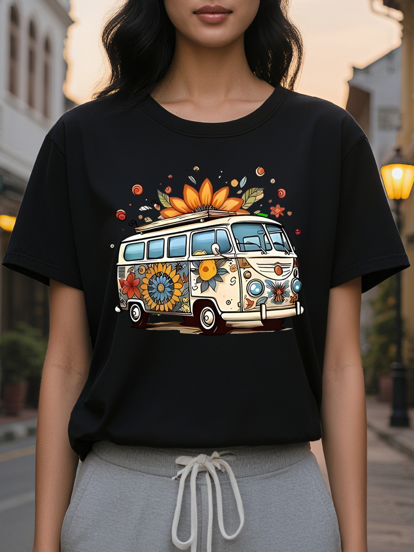 Large XL Women's Hippie Retro Bus Graphic T-Shirt Vintage Floral Peace Sign Print Soft Beige Crew Neck Short Sleeve Top Plus Size