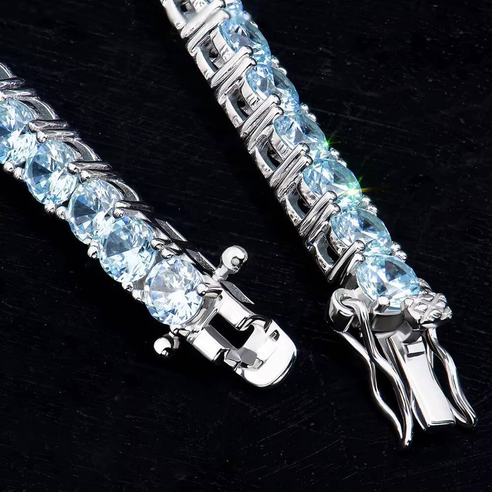 Luxury Iced Out Sea Blue Moissanite Tennis Chain Bracelet 925 Sterling Silver Hip Hop Aquamarine Cubic Moissanite Jewelry