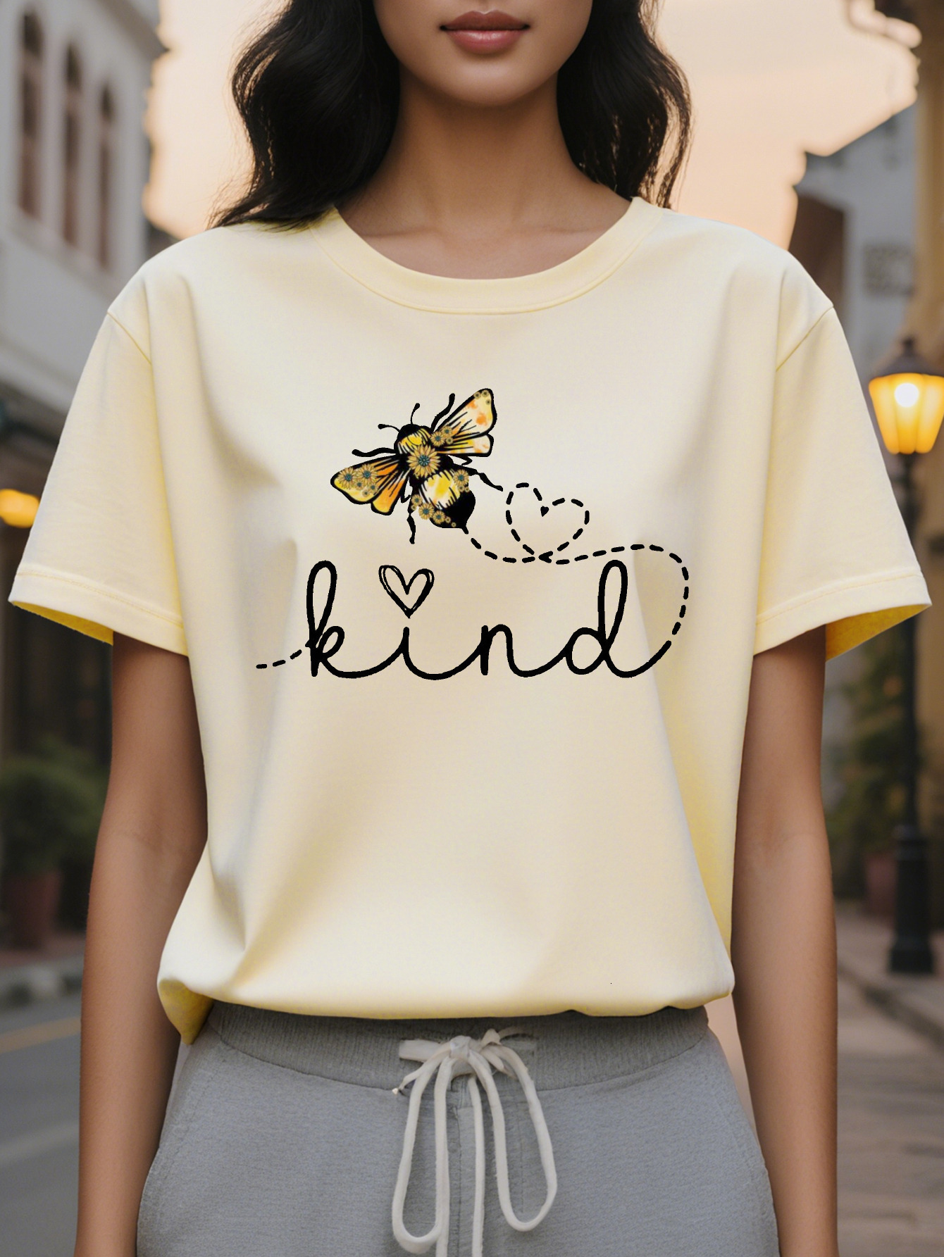 White Be Kind T-shirt Elegant Casual Daily Round Neck Shirt in Bee Pattern Style Positive Energy Women's