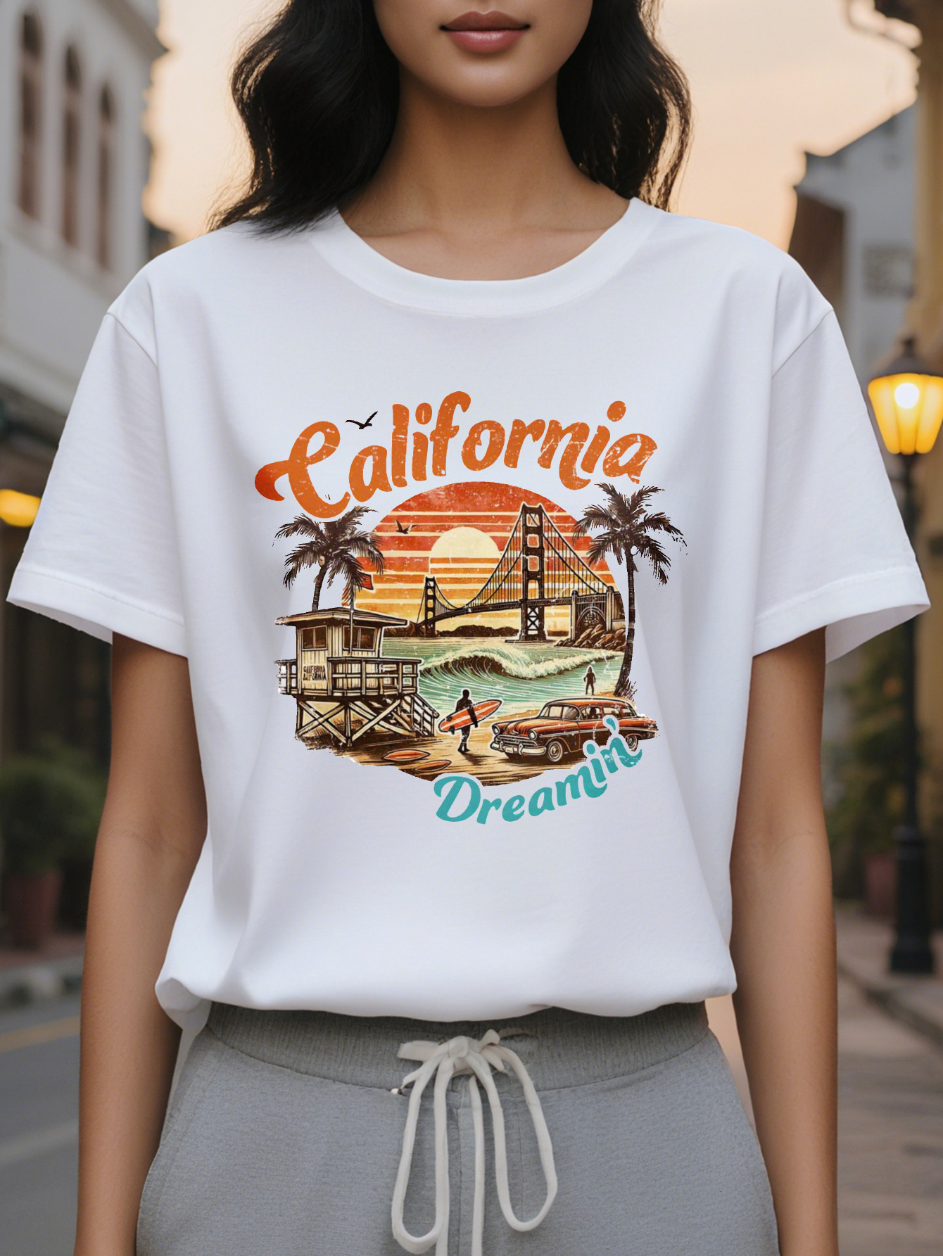 Women's California T-Shirt White Golden Gate Bridge Palm Trees and Vintage Car Design Soft Everyday Summer Top for