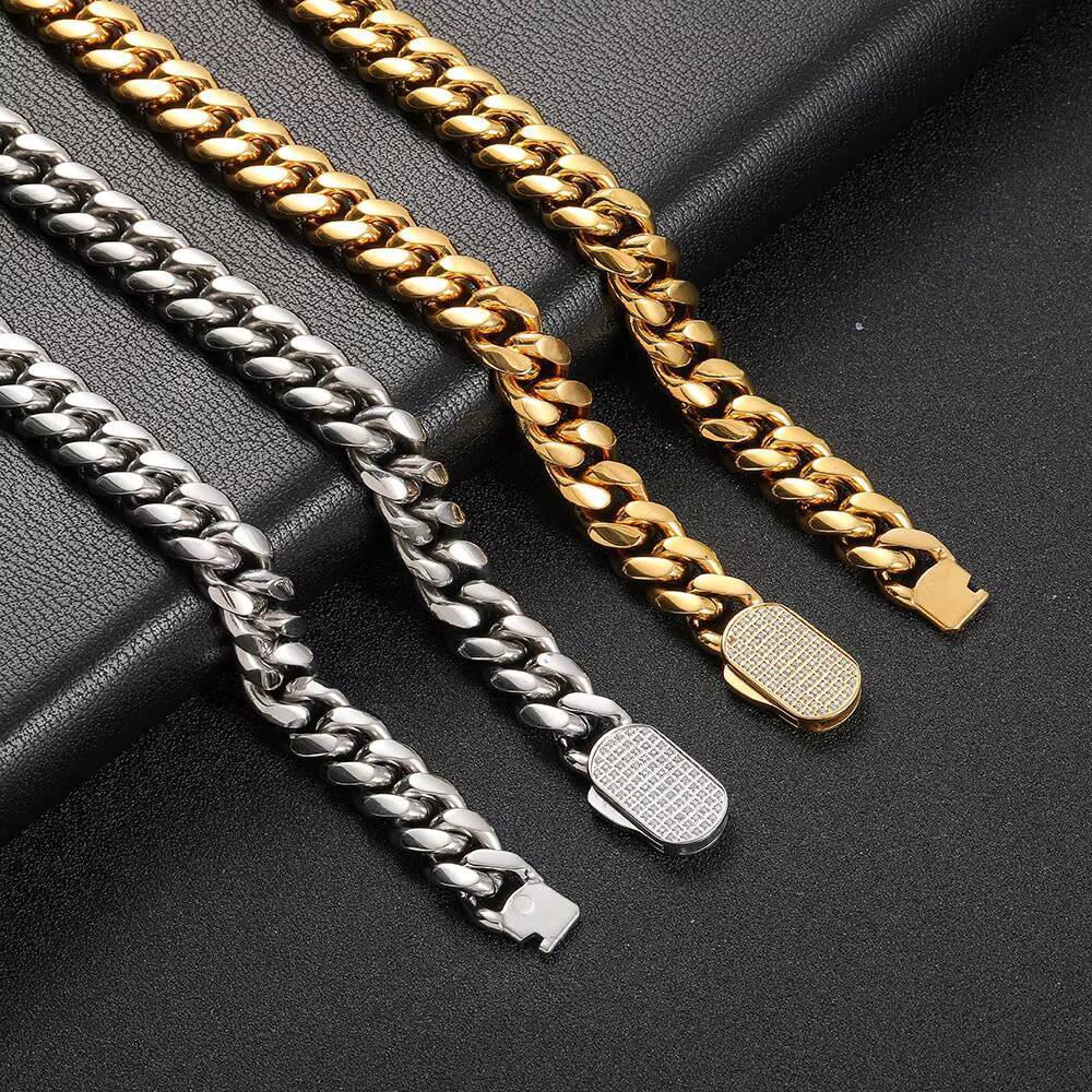 NUOYA Hip Hop Cuban Necklace for Men 18k Gold Plated Stainless Steel Chain Custom Length CNC Inlaid Diamond Clasp Miami Cuban
