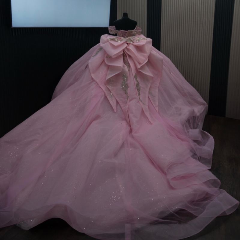 Pink Shiny Princess Off the Shoulder Sweet 16 Dress Quinceanera Dresses Gold Applique Lace Beads Bow Tull Party Birthday Vestidos 15 De Anos
