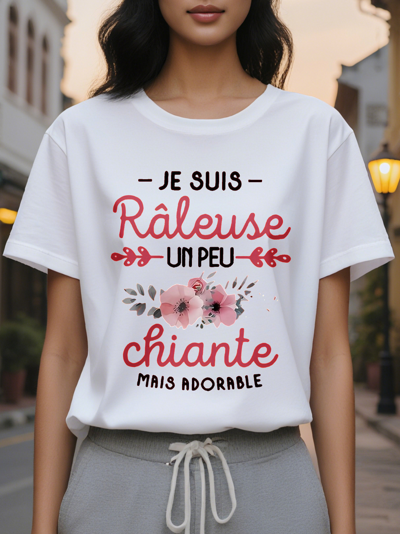 RALEUSE Ladies French Quotations and Printed T-Shirt Light Beige Loose Short Sleeve Top Breathable Round Neck Summer