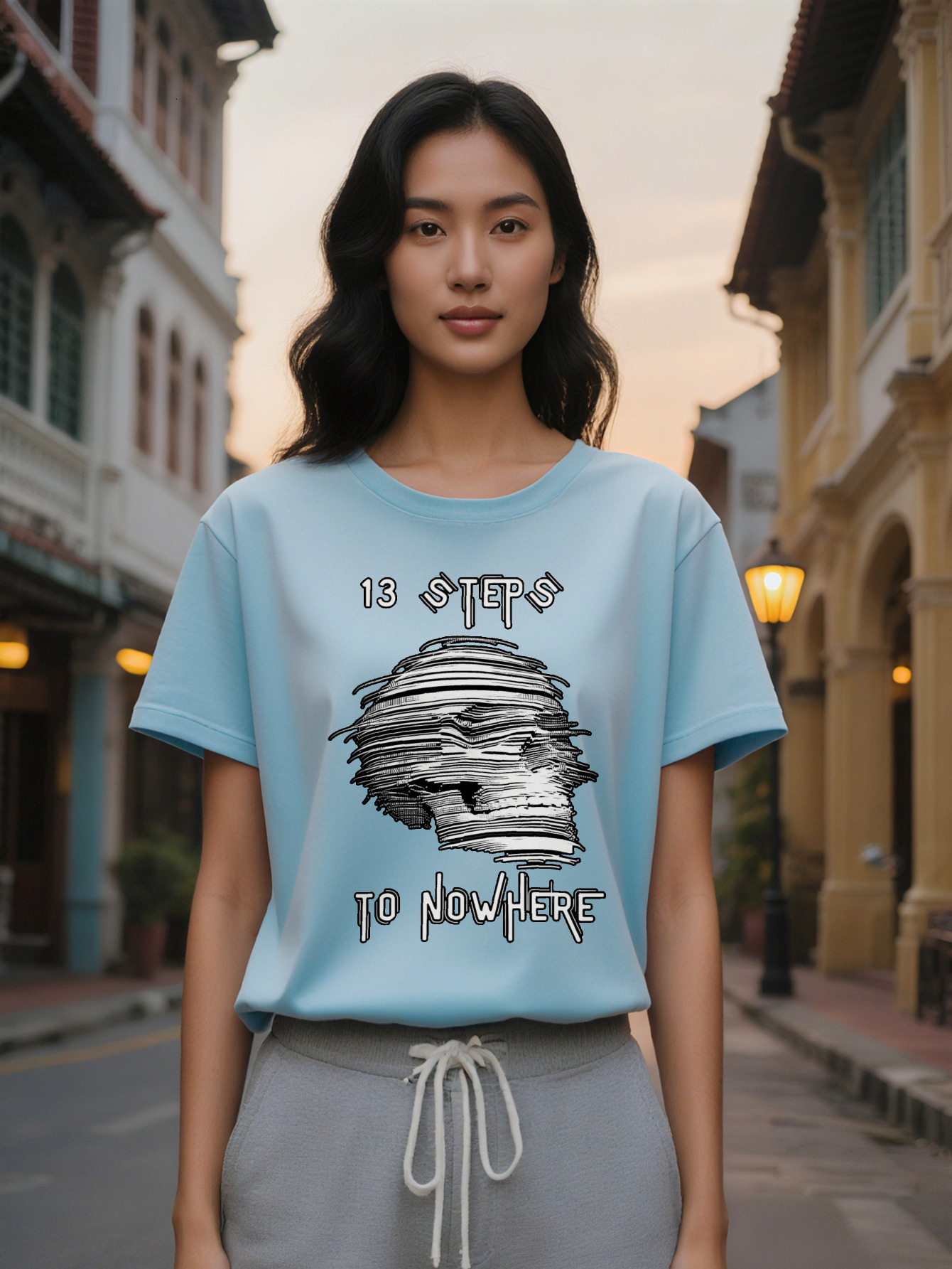 Casual Round Neck T-Shirt Black Background White Line Print Pattern Top Lady Gift