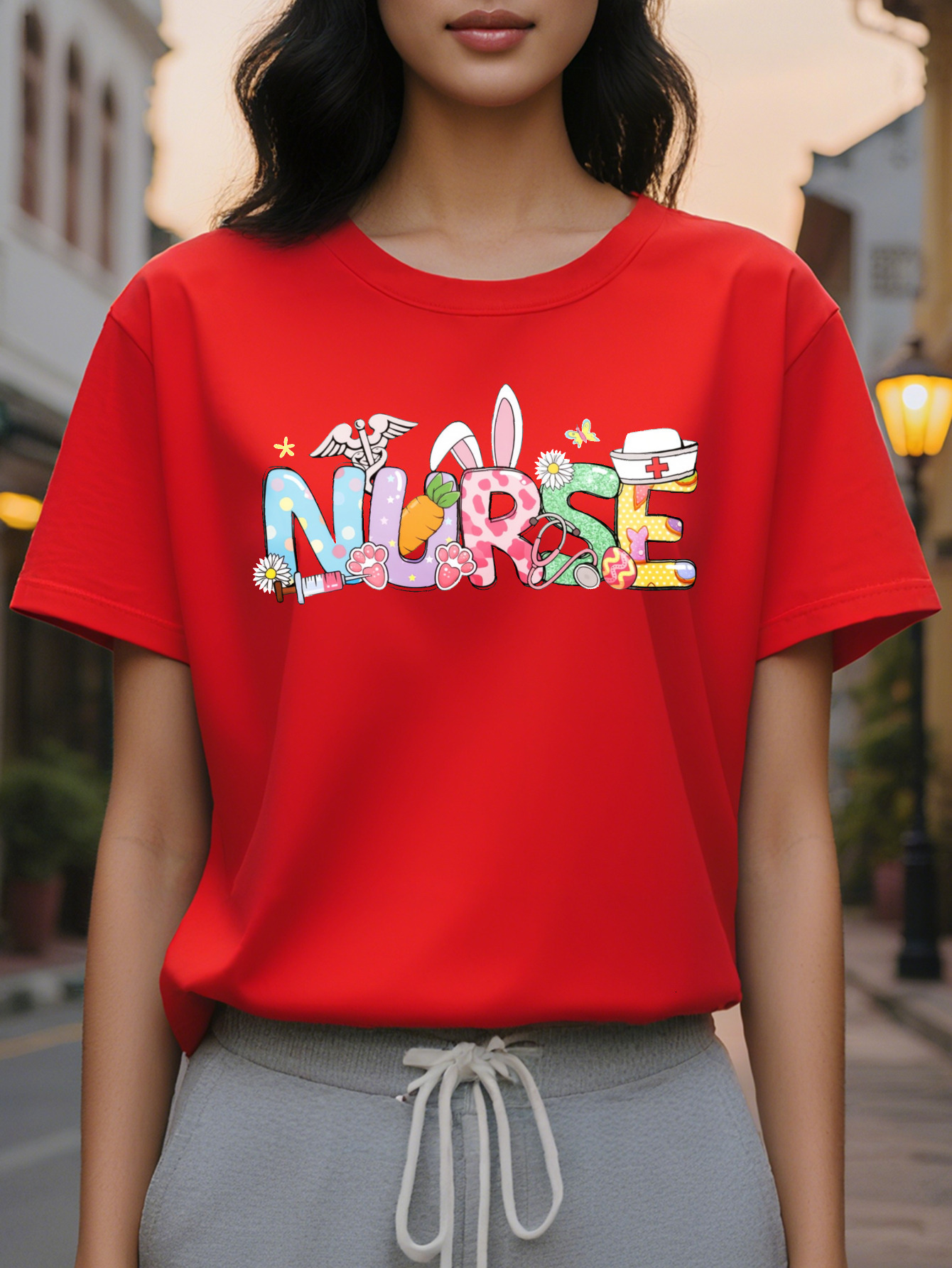 Large XL Women's Easter Nurse Graphic T-Shirt Cotton Casual Round Neck Tee with Cartoon Bunny Floral Print Lightweight Plus Size