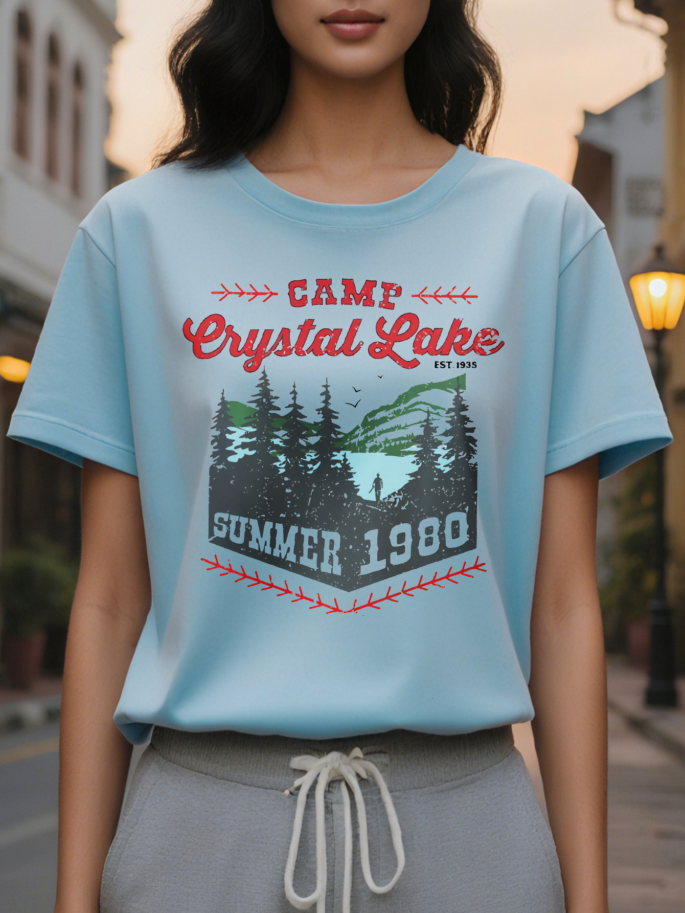 Large XL Vibrant Crystal Lake Camp Printed Round Neck T-Shirt Dress Women's Summer Combination Version Relaxed Fit Breathable Plus Size