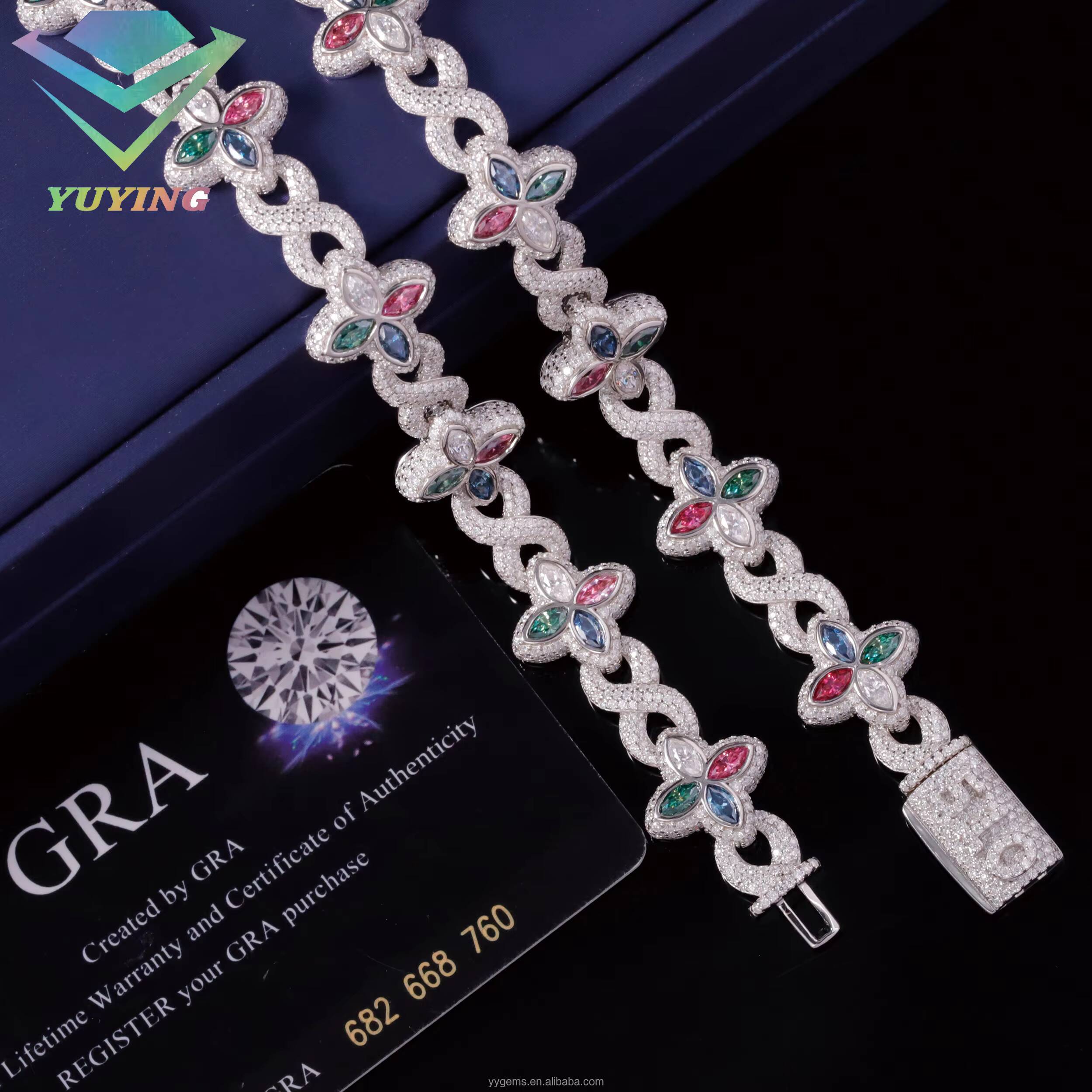 Yu Ying Mixed Colored Moissanite Diamonds 18K Gold Plated 925 Sterling Silver Four Leaf Clover Infinity Cuban Link Chain Jewelry