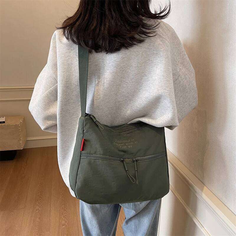 Washed Cloth Shoulder Fashionable Women Travel Multi Pocket Waterproof Diagonal Cross Bag Casual Soft School Sacoche