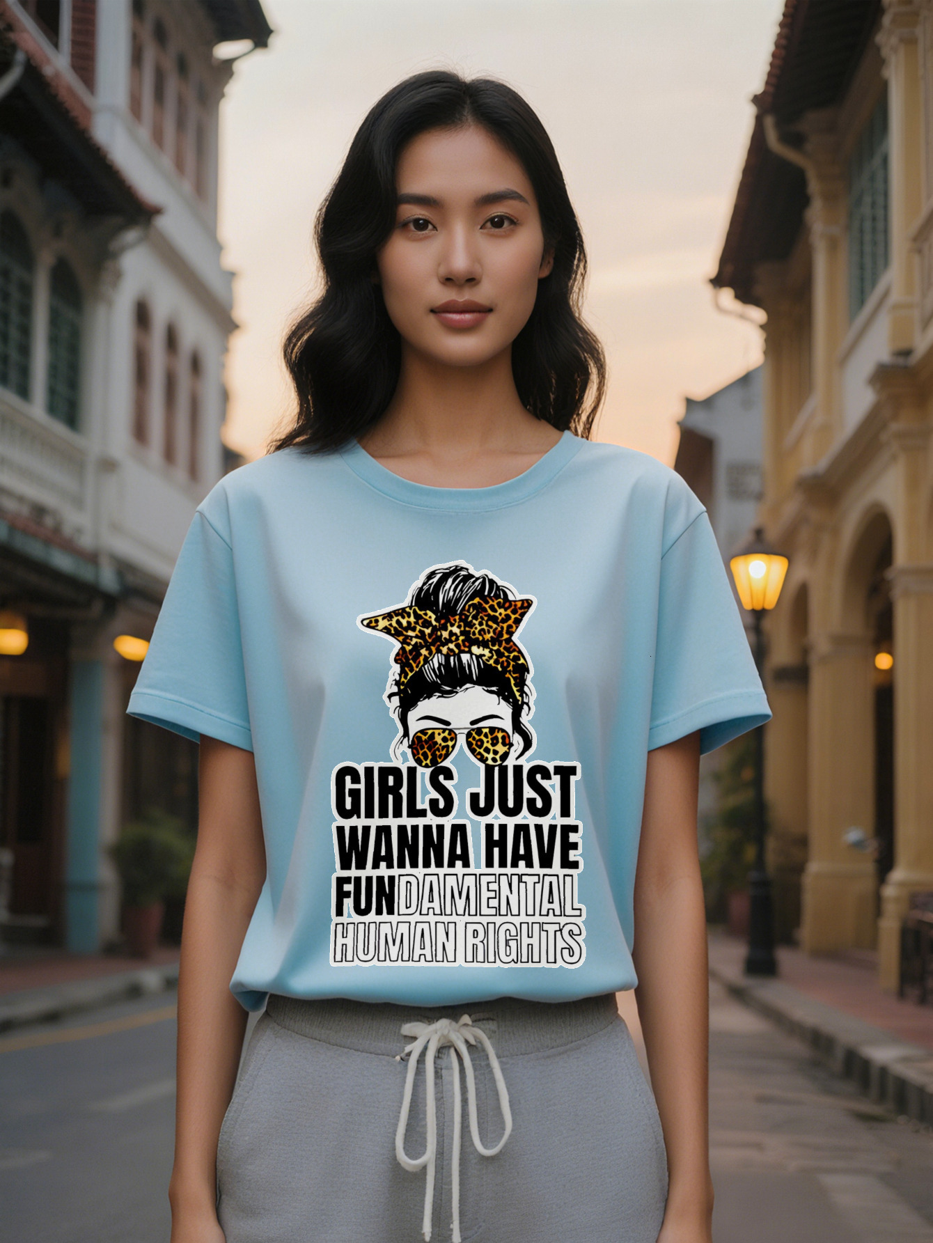 Large XL People Just Wanna Have Fundamental Human Rights Design Casual Crew Neck T-Shirt with Leopard Print Hair Band Graphic Plus Size